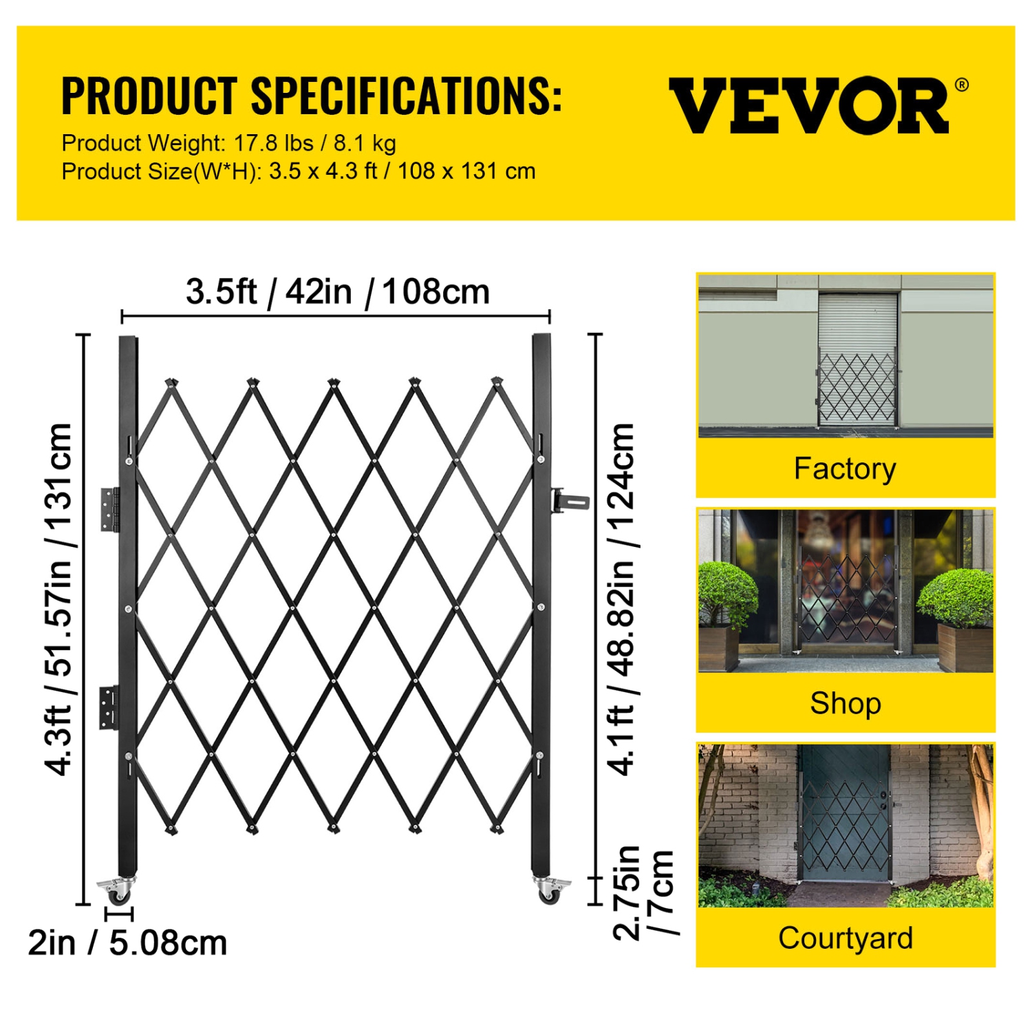 VEVOR 48" H x 37" W Single Folding Security Gate, Steel Accordion Security Gate, Flexible Expanding Security Gate, 360° Rolling Barricade Gate,