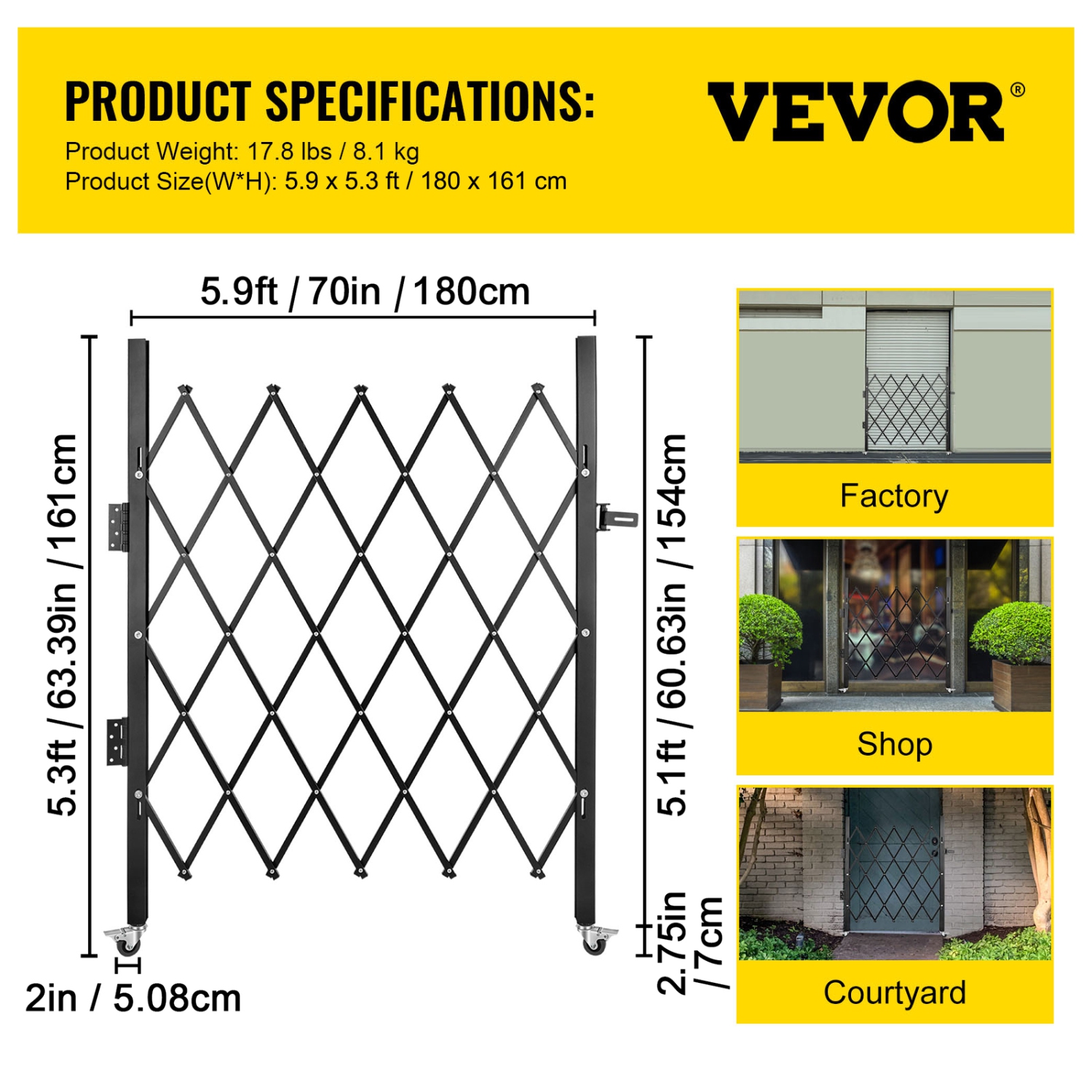 VEVOR 5' H x 5-1/2' W Single Folding Security Gate, Steel Accordion Security Gate, Flexible Expanding Security Gate, 360° Rolling Barricade Gate,