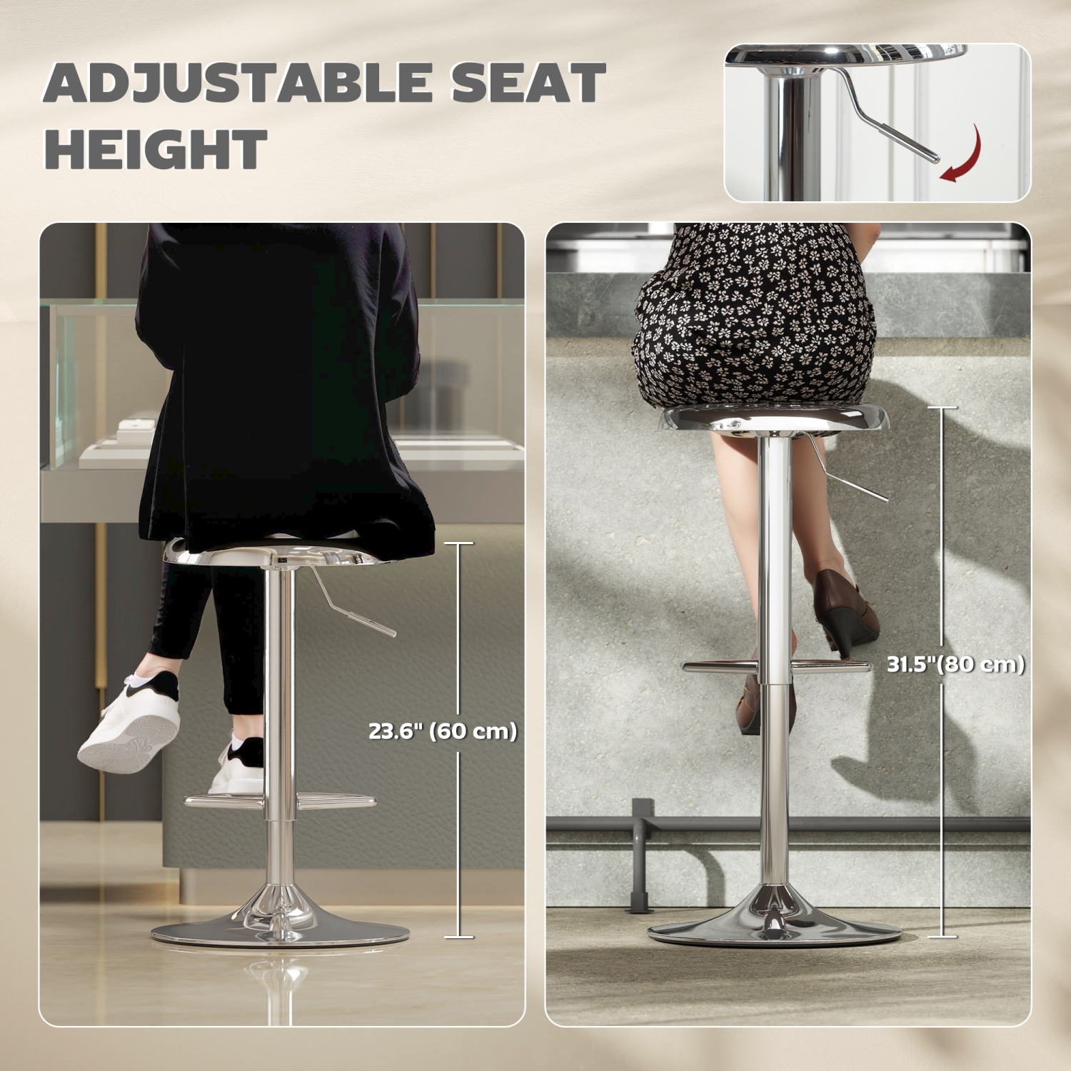 HOMCOM Steel Bar Stools Set of 2, Adjustable Counter Height Round Breakfast Barstools, Industrial Swivel Bar Chairs for Home Kitchen, Silver