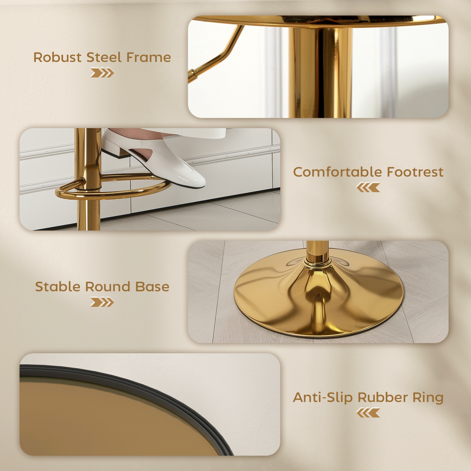 HOMCOM Steel Bar Stools Set of 2, Adjustable Counter Height Round Breakfast Barstools, Industrial Swivel Bar Chairs for Home Kitchen, Gold