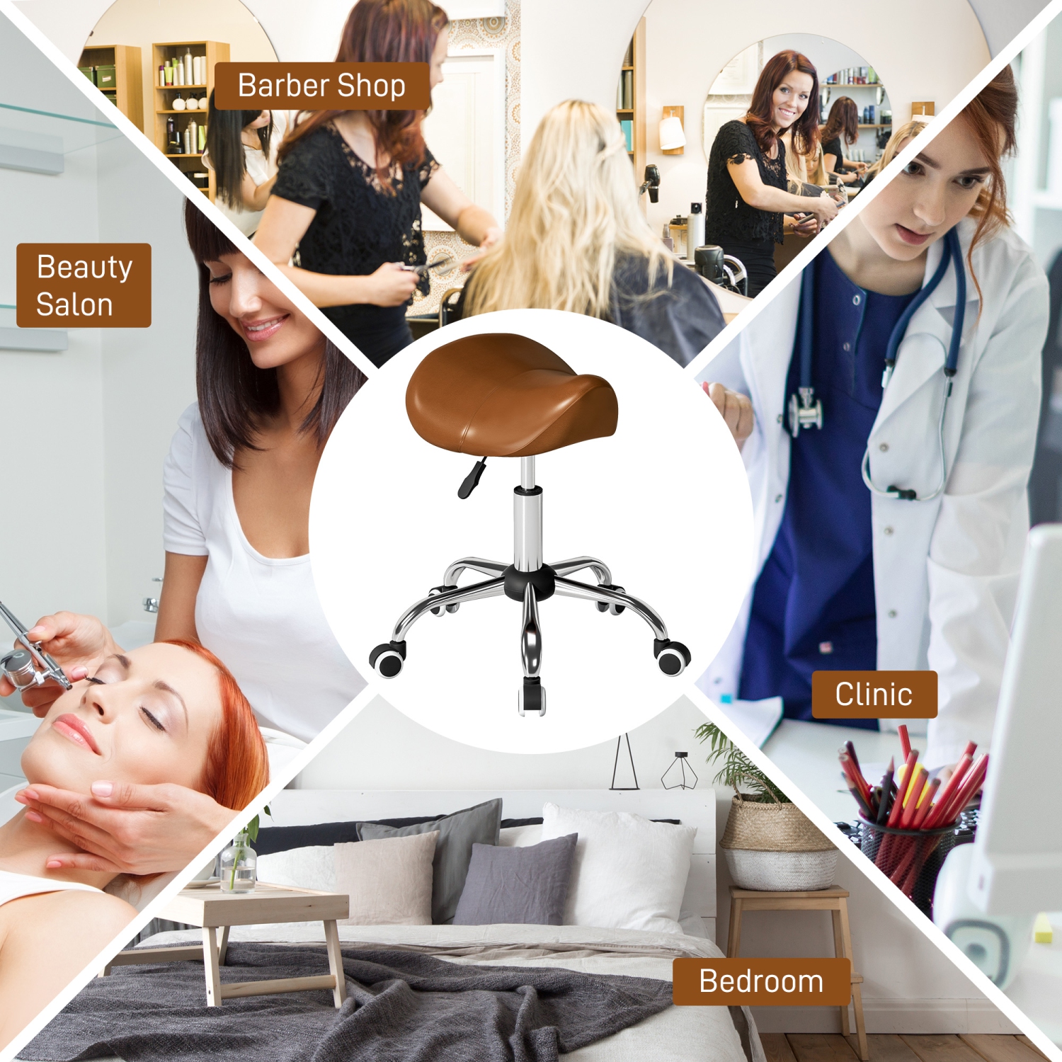 HOMCOM – Tabouret de maquillage Rotation 360° Chaise de spa de massage hydraulique en similicuir Mobilité selle, brun