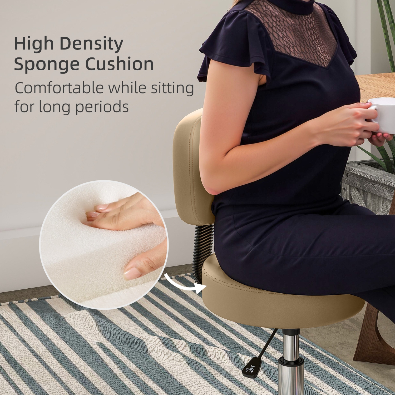 HOMCOM Adjustable Rolling Stool with Back, PU Leather Round Swivel Drafting Stool with Wheels for Kitchen, Salon Spa, Bar, Home Office, Massage,