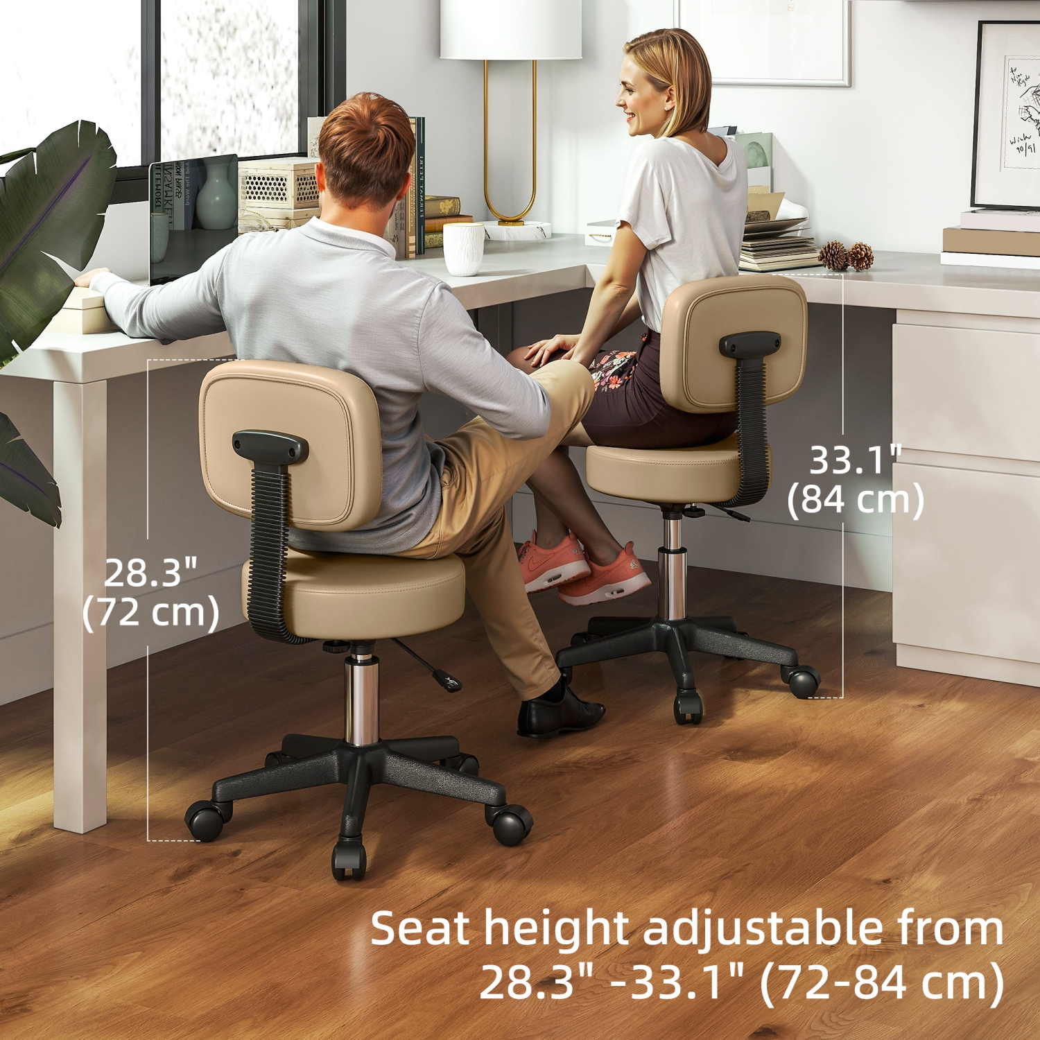 HOMCOM Adjustable Rolling Stool with Back, PU Leather Round Swivel Drafting Stool with Wheels for Kitchen, Salon Spa, Bar, Home Office, Massage,