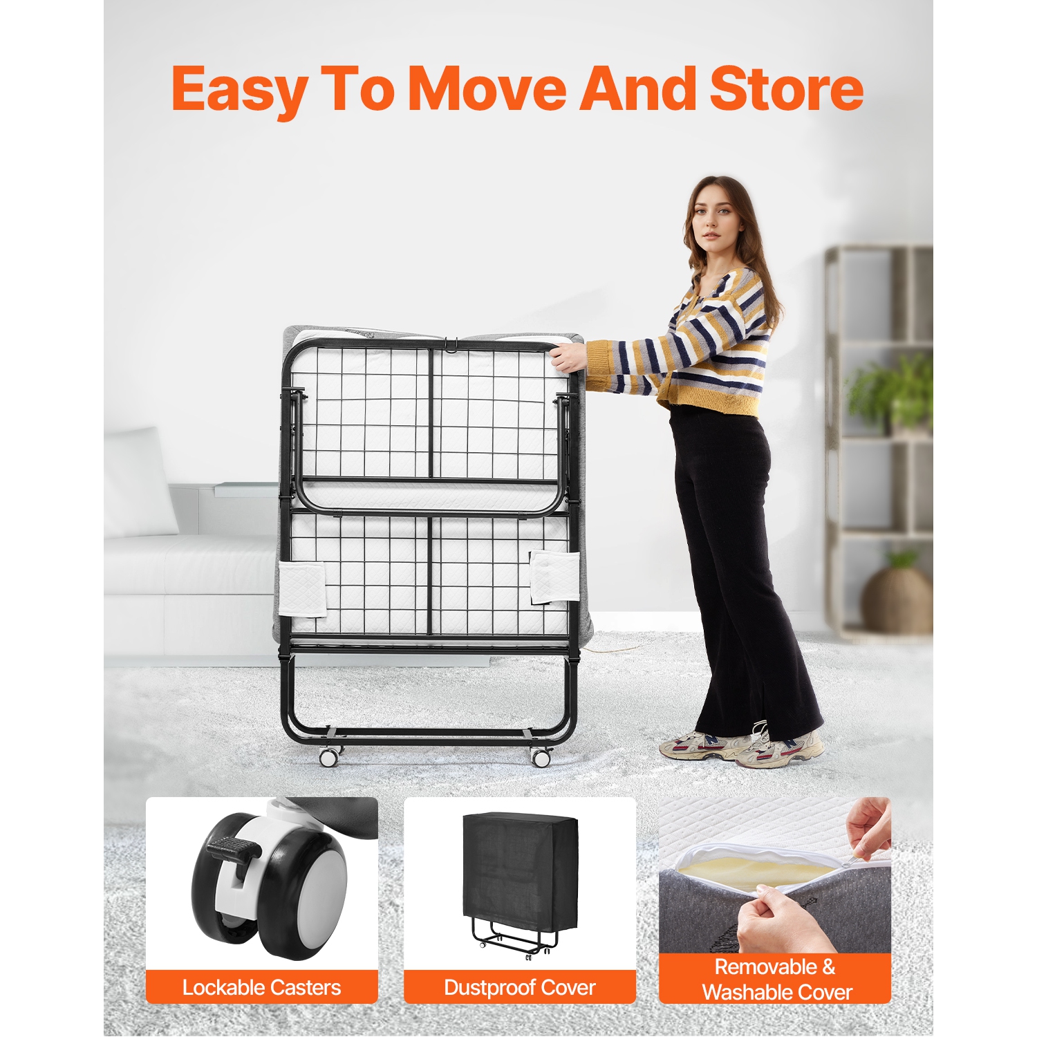 VEVOR 31 in x 75 in Rollaway Bed, Folding Bed with 4 in Mattress, Twin Size Foldable Bed with Sturdy Metal Frame & Memory Foam Mattress, Portable