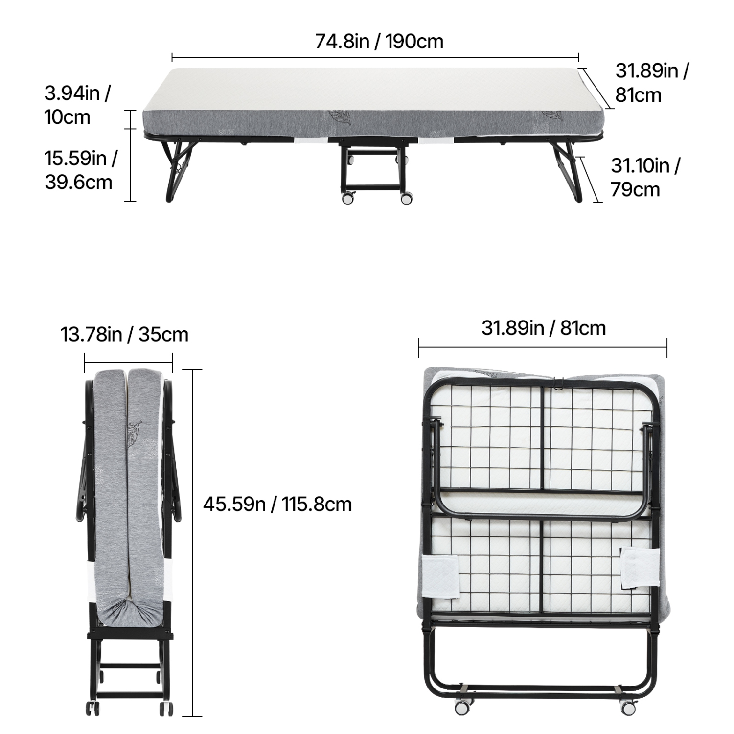 VEVOR 31 in x 75 in Rollaway Bed, Folding Bed with 4 in Mattress, Twin Size Foldable Bed with Sturdy Metal Frame & Memory Foam Mattress, Portable