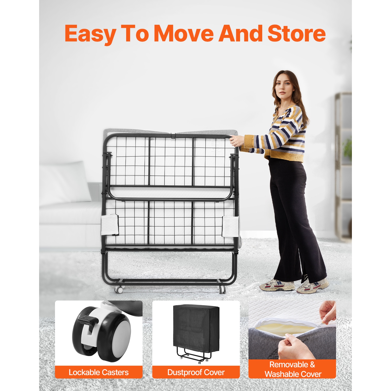 Lit escamotable VEVOR 38 x 75&nbsp;po, lit pliant avec matelas 5&nbsp;po, lit jumeau pliable avec cadre en métal robuste et matelas en mousse à