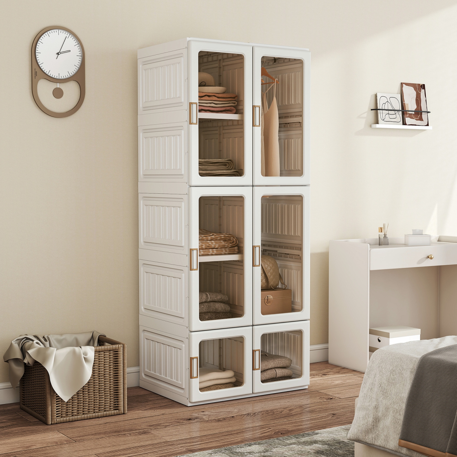 HOMCOM Portable Closet, Foldable Plastic Wardrobe Closet, Clothes Storage Organizer for Bedroom with 6 Compartments, Hanging Rod, Magnetic Clear