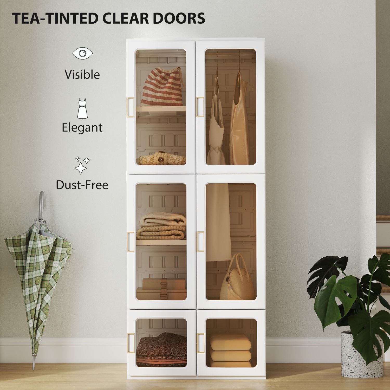 HOMCOM Portable Closet, Foldable Plastic Wardrobe Closet, Clothes Storage Organizer for Bedroom with 6 Compartments, Hanging Rod, Magnetic Clear