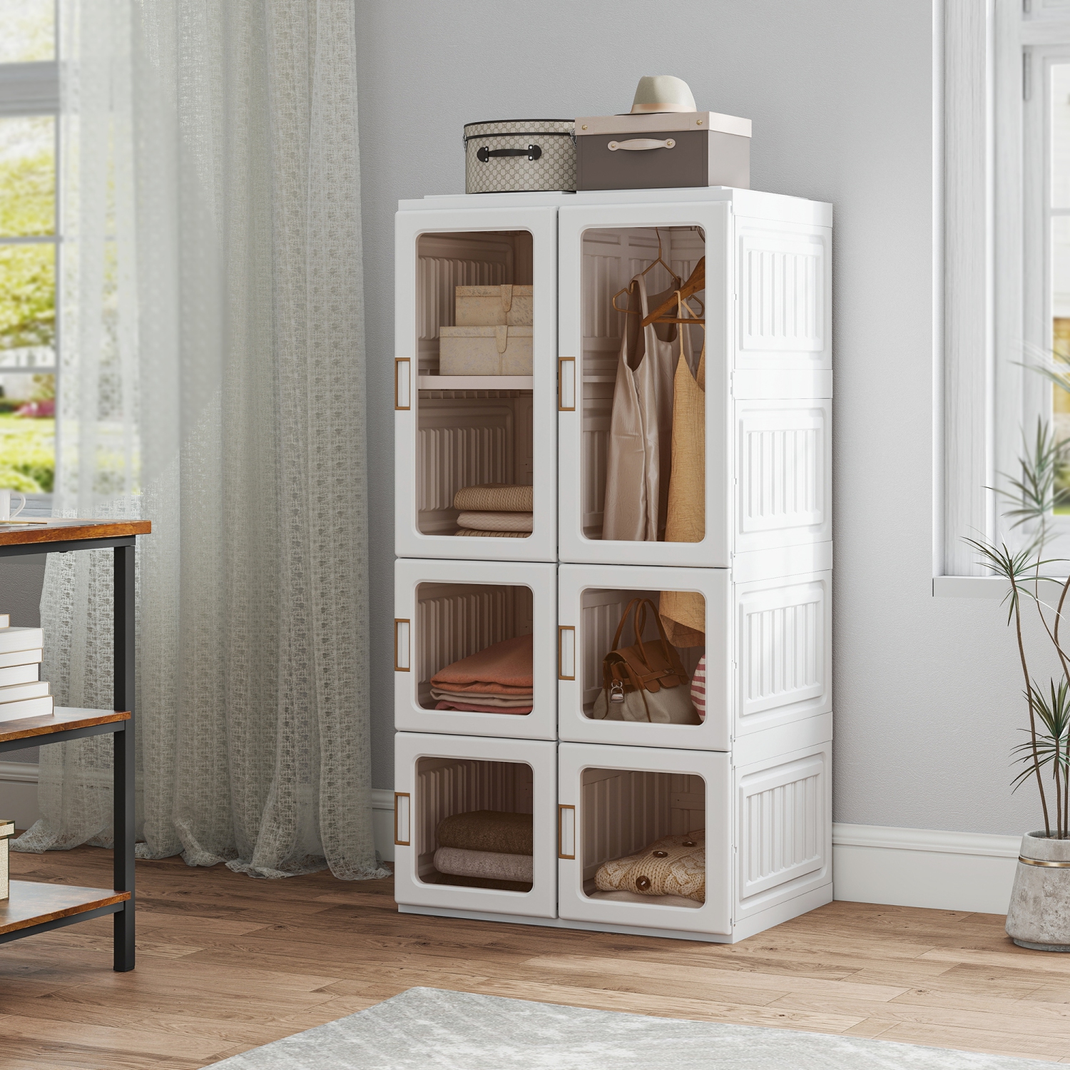 HOMCOM Portable Closet, Foldable Plastic Wardrobe Closet, Clothes Storage Organizer for Bedroom with 5 Compartments, Hanging Rod, Magnetic Clear