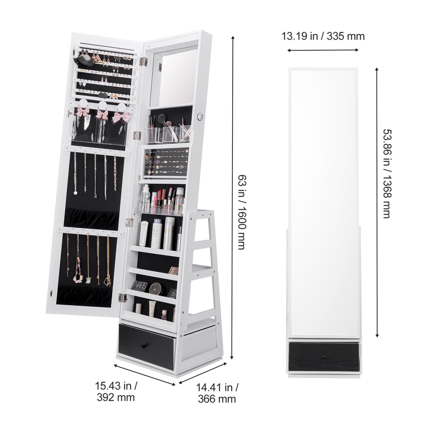 Armoire à bijoux avec miroir VEVOR, miroir pivotant à 360° avec rangement, range-bijoux verrouillable avec miroir pleine longueur, doublure en