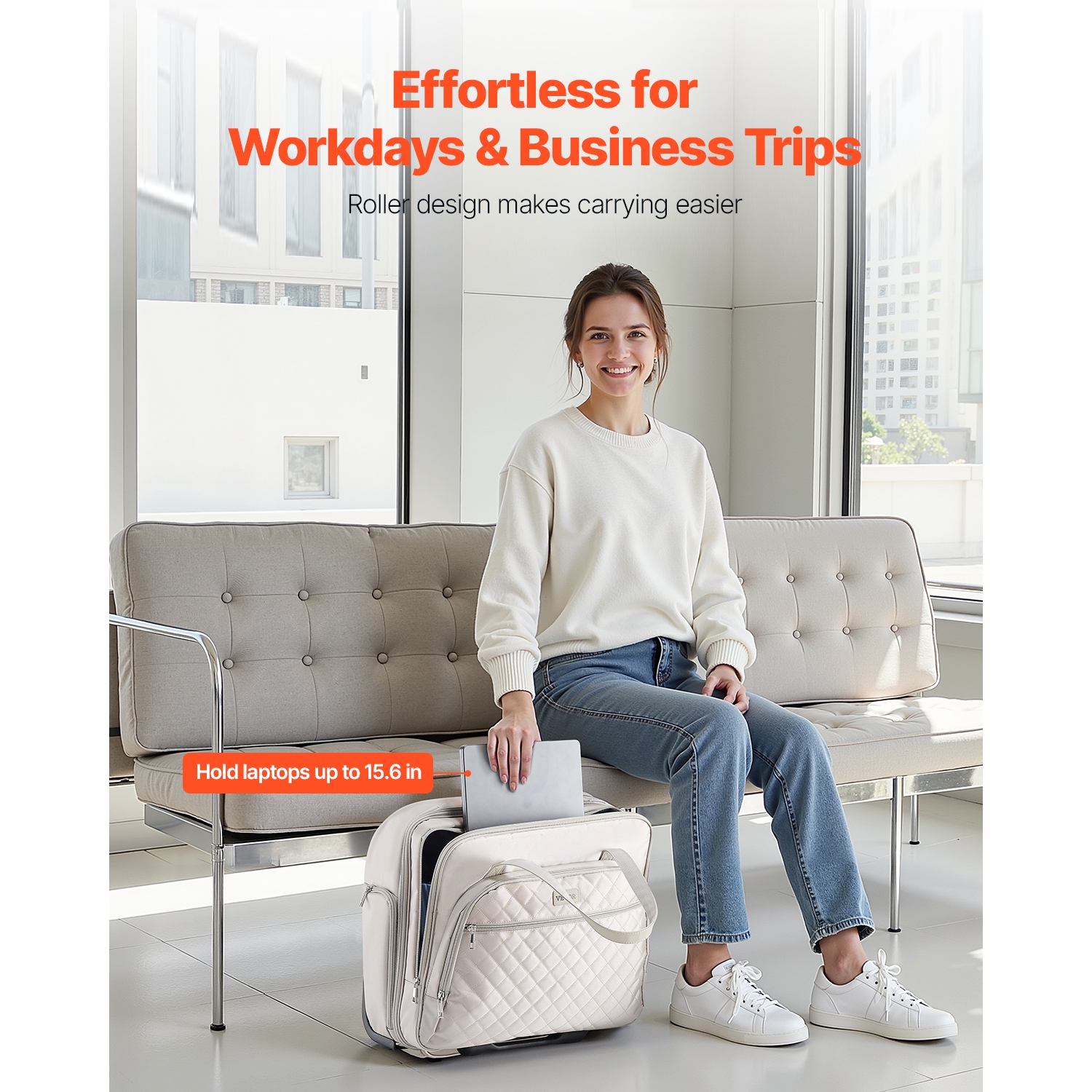 VEVOR Rolling Laptop Bag, Fits Up to 15.6 Inch Laptop, Wheeled Briefcase, Roller Computer Tote Bag with 2 Fixed Wheels & Telescoping Handle, Laptop