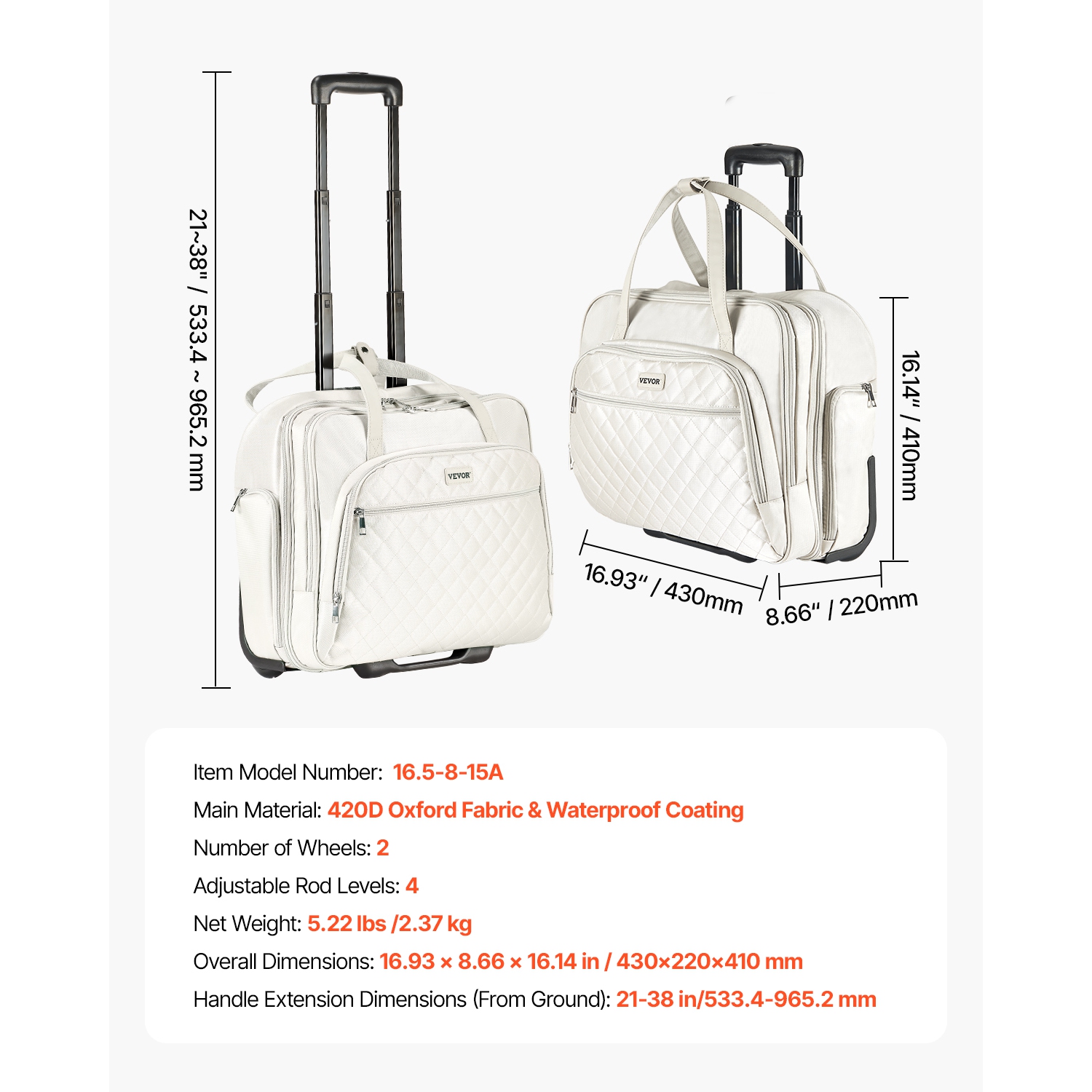 VEVOR Rolling Laptop Bag, Fits Up to 15.6 Inch Laptop, Wheeled Briefcase, Roller Computer Tote Bag with 2 Fixed Wheels & Telescoping Handle, Laptop