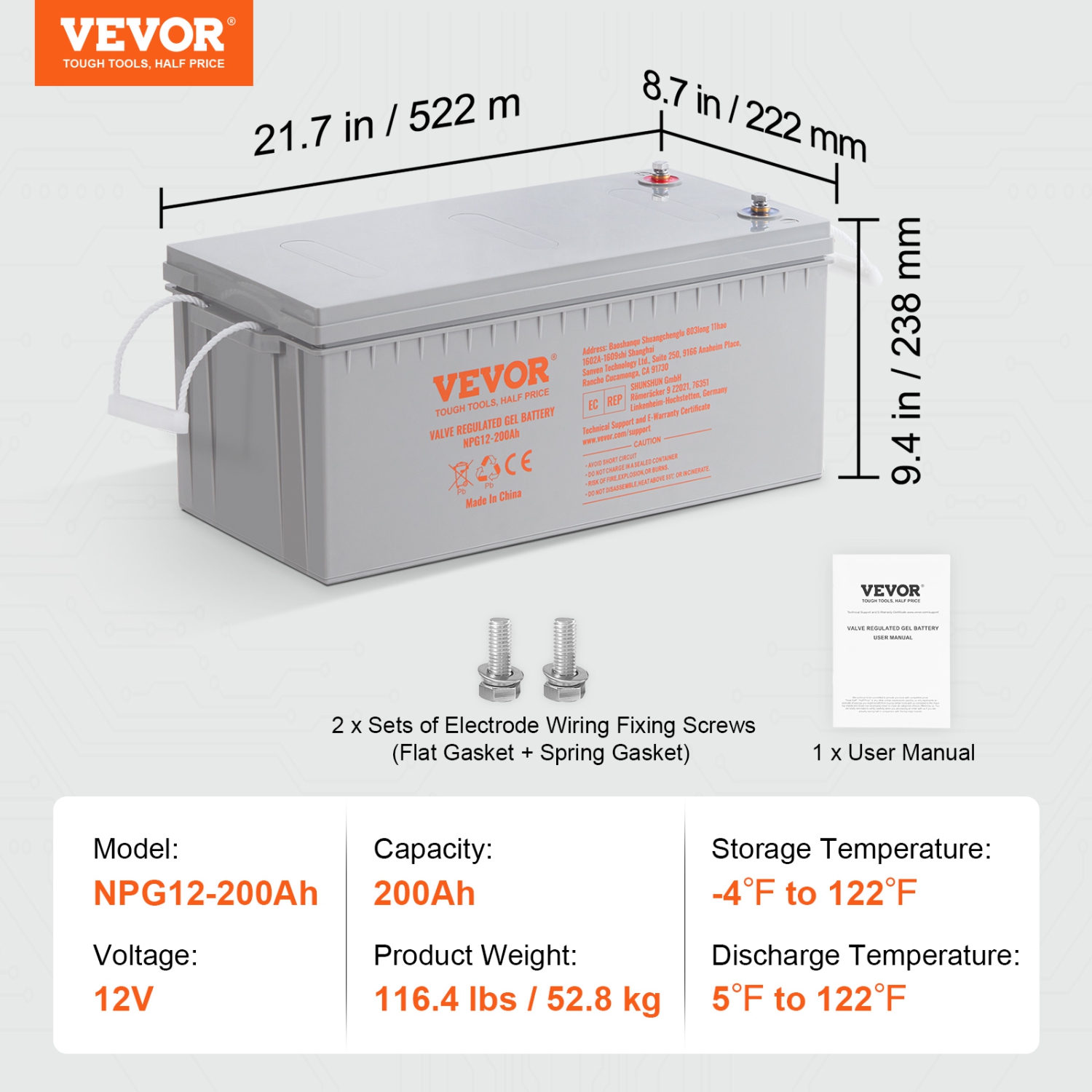 VEVOR 12V 200 AH Deep Cycle Battery, AGM Marine Rechargeable Battery, High Self-Discharge Rate 1400A Current, for RV Solar Marine Off-Grid