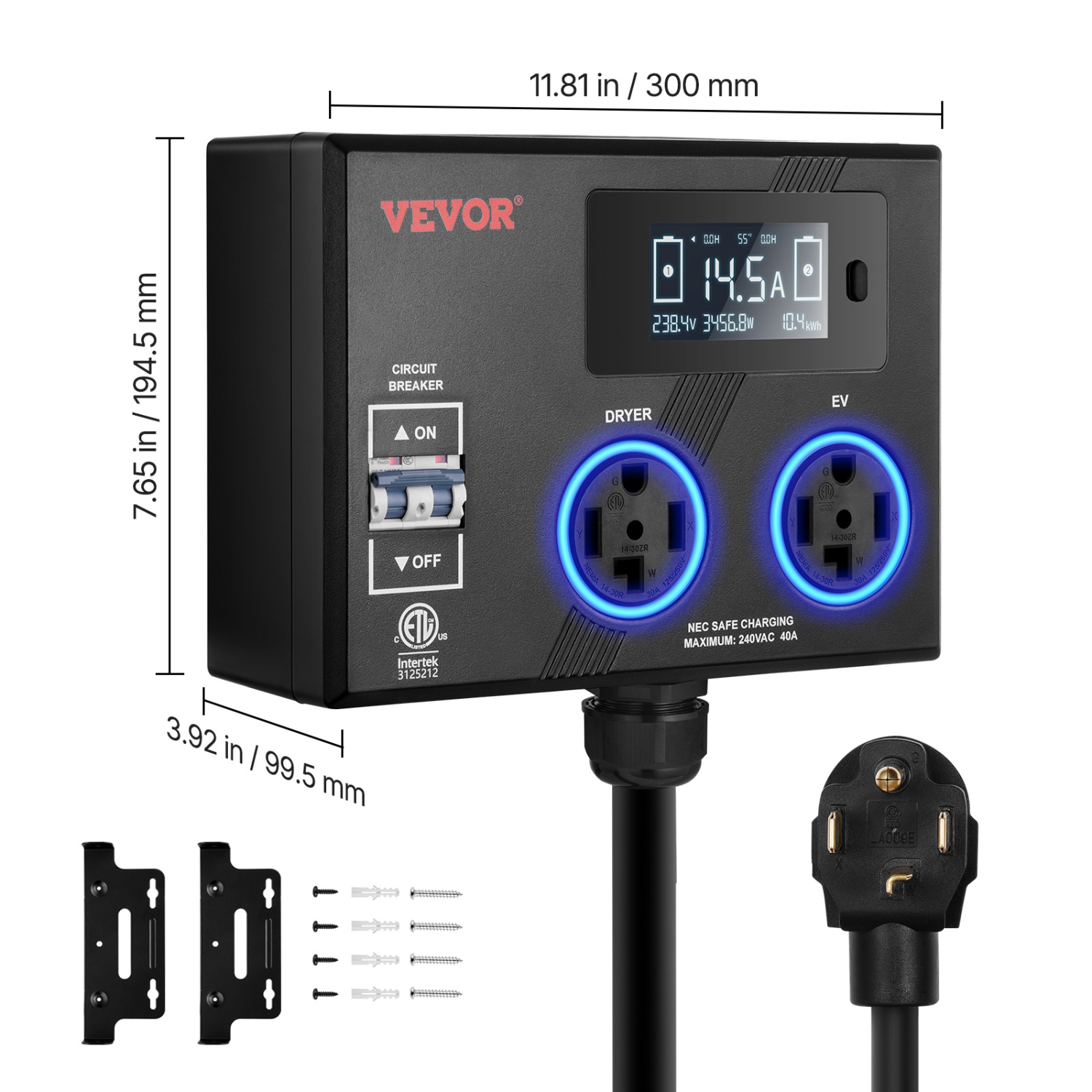 VEVOR 240V NEMA Splitter for Dryer and EV, 3-Color LED Indicator, Smart Power Distribution, With NEMA 14-30 Plug, Two NEMA 14-30 Outlets, 3.4 in LCD