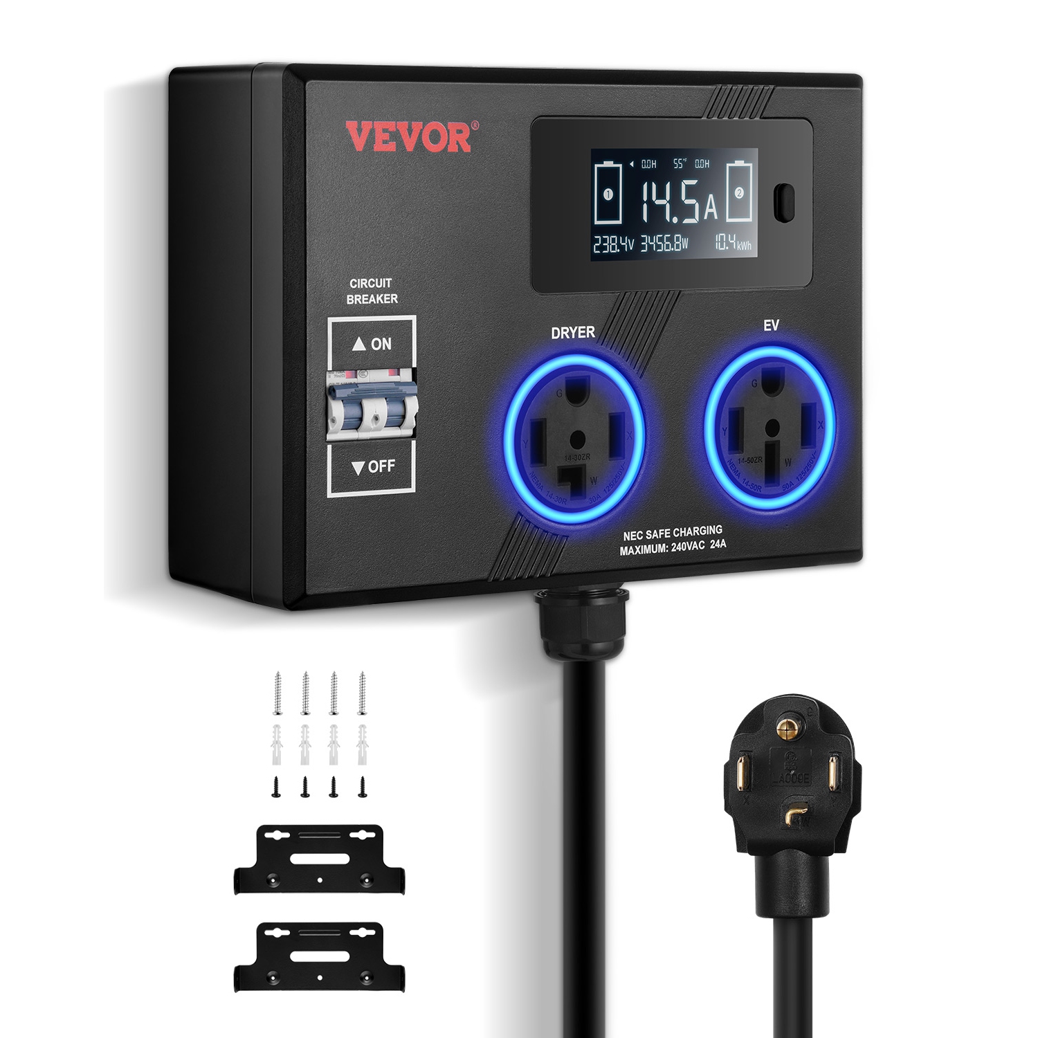 VEVOR 240V NEMA Splitter for Dryer and EV, 3-Color LED Indicator, Smart Power Distribution, With NEMA 14-30 Plug, NEMA 14-30 & NEMA 14-50 Outlets,