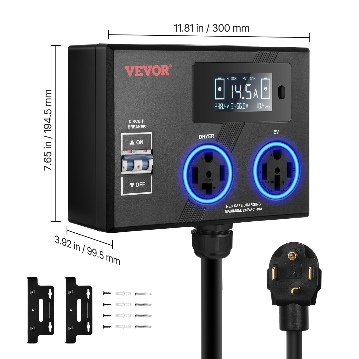 VEVOR 240V NEMA Splitter for Dryer and EV, 3-Color LED Indicator, Smart Power Distribution, With NEMA 14-30 Plug, NEMA 14-30 & NEMA 14-50 Outlets,