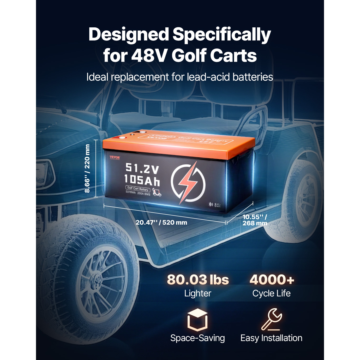 VEVOR 48V 105Ah Golf Cart Lithium Battery, 48 Volt Golf Cart Battery with 200A BMS, LCD Monitor and Mobile APP, LiFePO4 Battery with 600A Peak