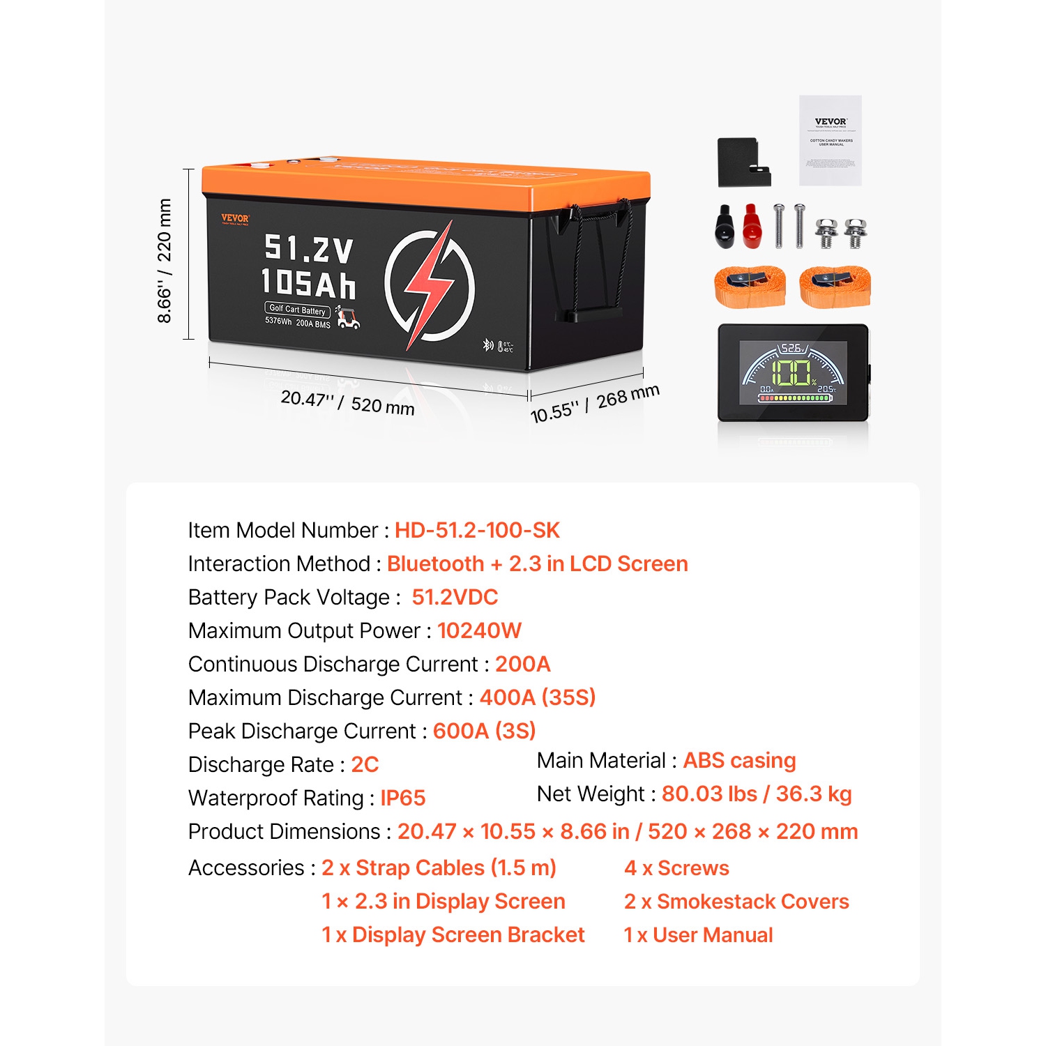 VEVOR 48V 105Ah Golf Cart Lithium Battery, 48 Volt Golf Cart Battery with 200A BMS, LCD Monitor and Mobile APP, LiFePO4 Battery with 600A Peak