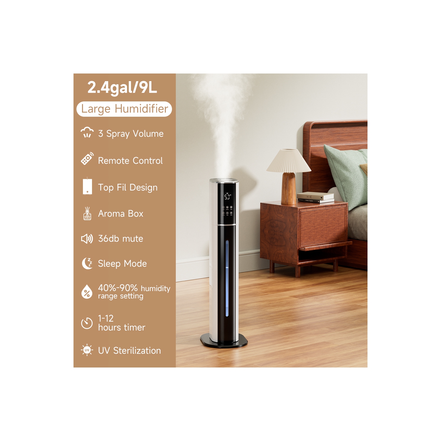 2.4Gal Ultrasonic Cool Mist Humidifier – Quiet Bedroom Humidifier for Large Rooms, 3-Speed Adjustable, UV Purification & Filtration, Pet/Baby/Plant