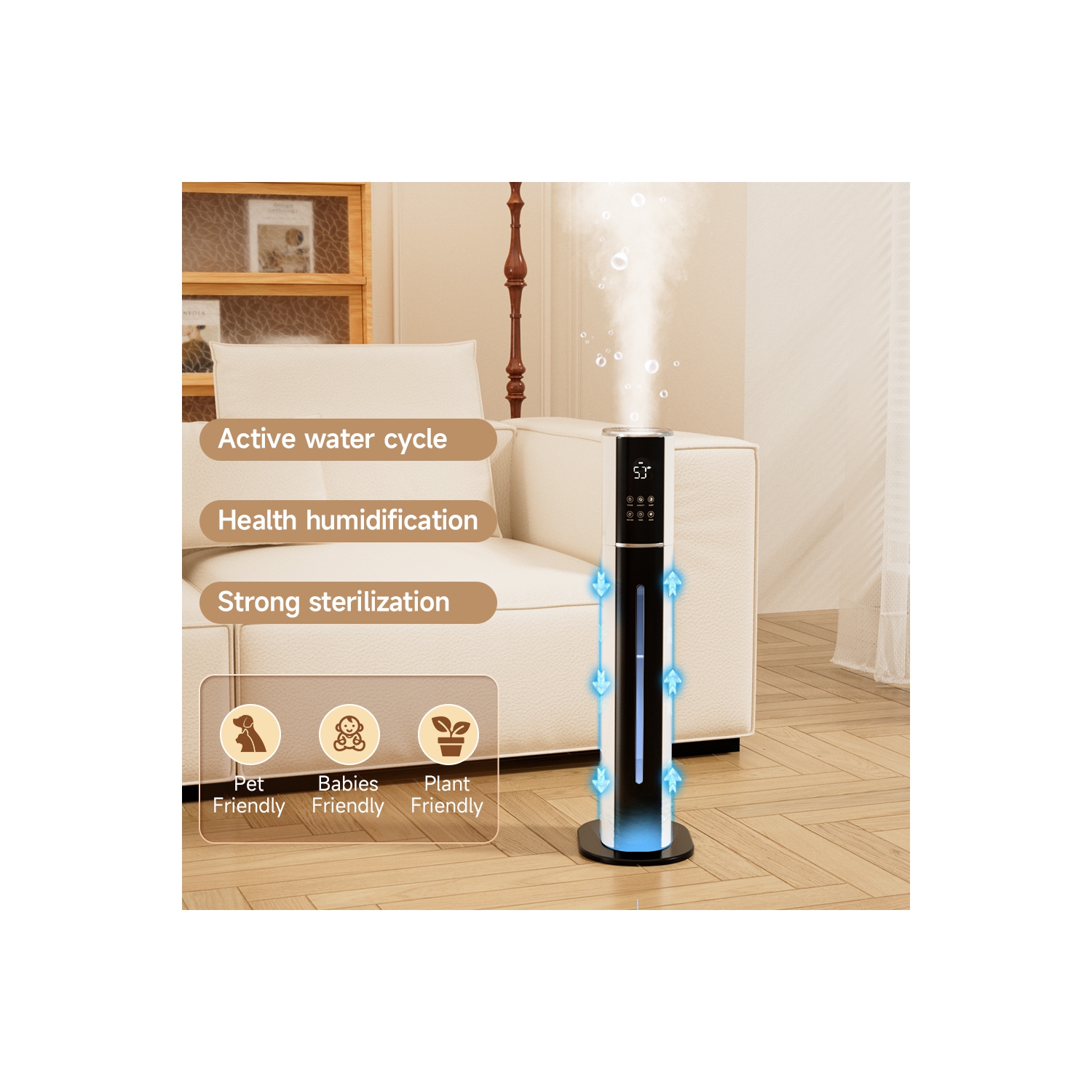 2.4Gal Ultrasonic Cool Mist Humidifier – Quiet Bedroom Humidifier for Large Rooms, 3-Speed Adjustable, UV Purification & Filtration, Pet/Baby/Plant