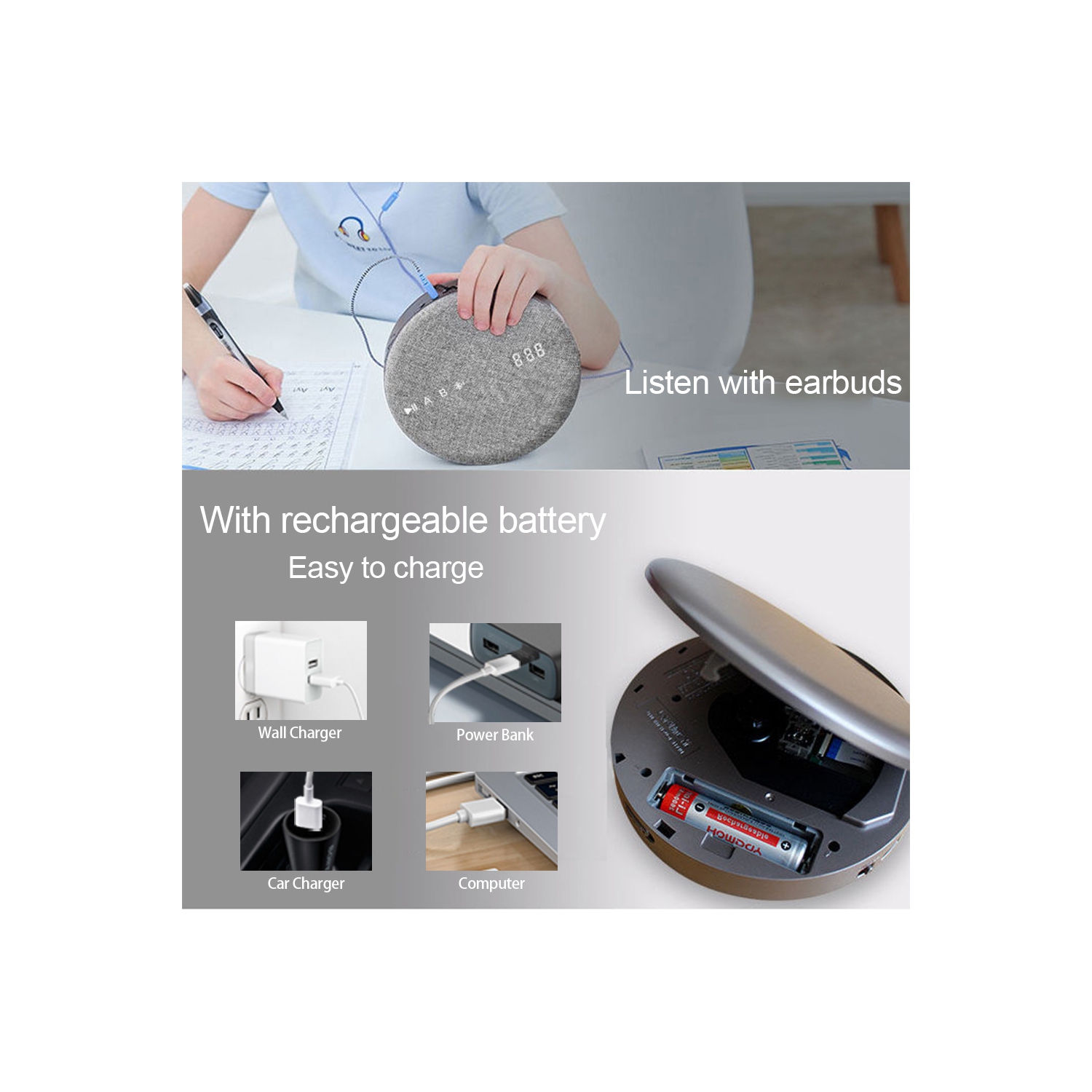 Le lecteur DVD/CD portatif prend en charge la lecture Bluetooth et USB, idéal pour l'apprentissage et le divertissement, le lecteur CD gris