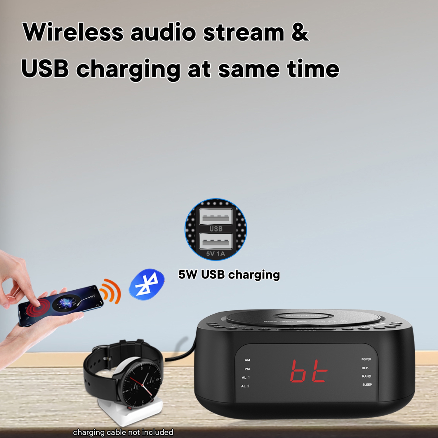 CD disc Bluetooth audio alarm clock all-in-one album MP3 player CD player radio stereo - black