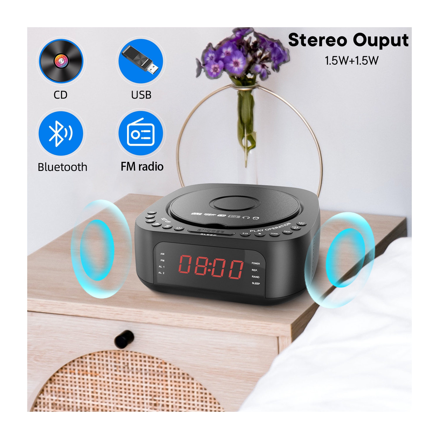 CD disc Bluetooth audio alarm clock all-in-one album MP3 player CD player radio stereo - black