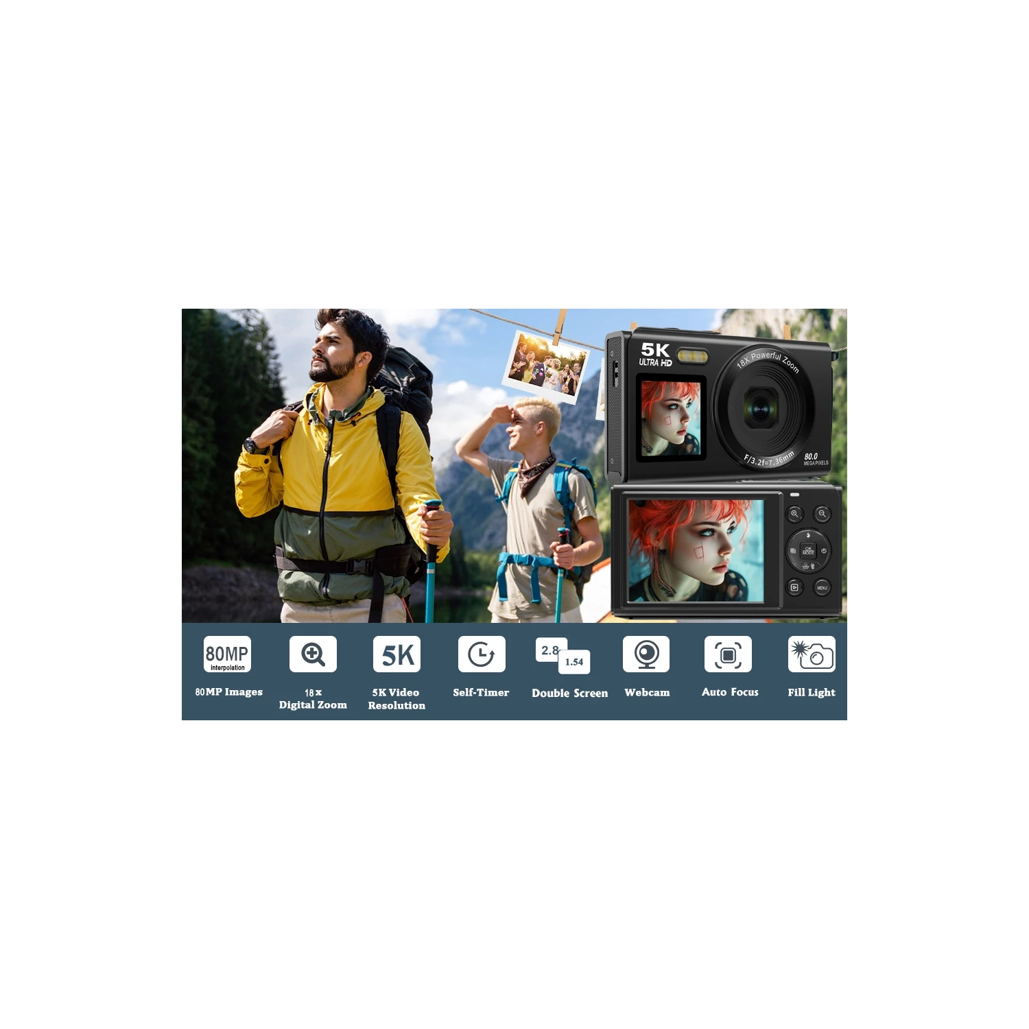 5K Student Camera 8000MP HD Dual Screen Selfie CCD Small Digital Camera WiFi Small Auto Focus for Vlog Live Broadcast - Pink No Memory Card