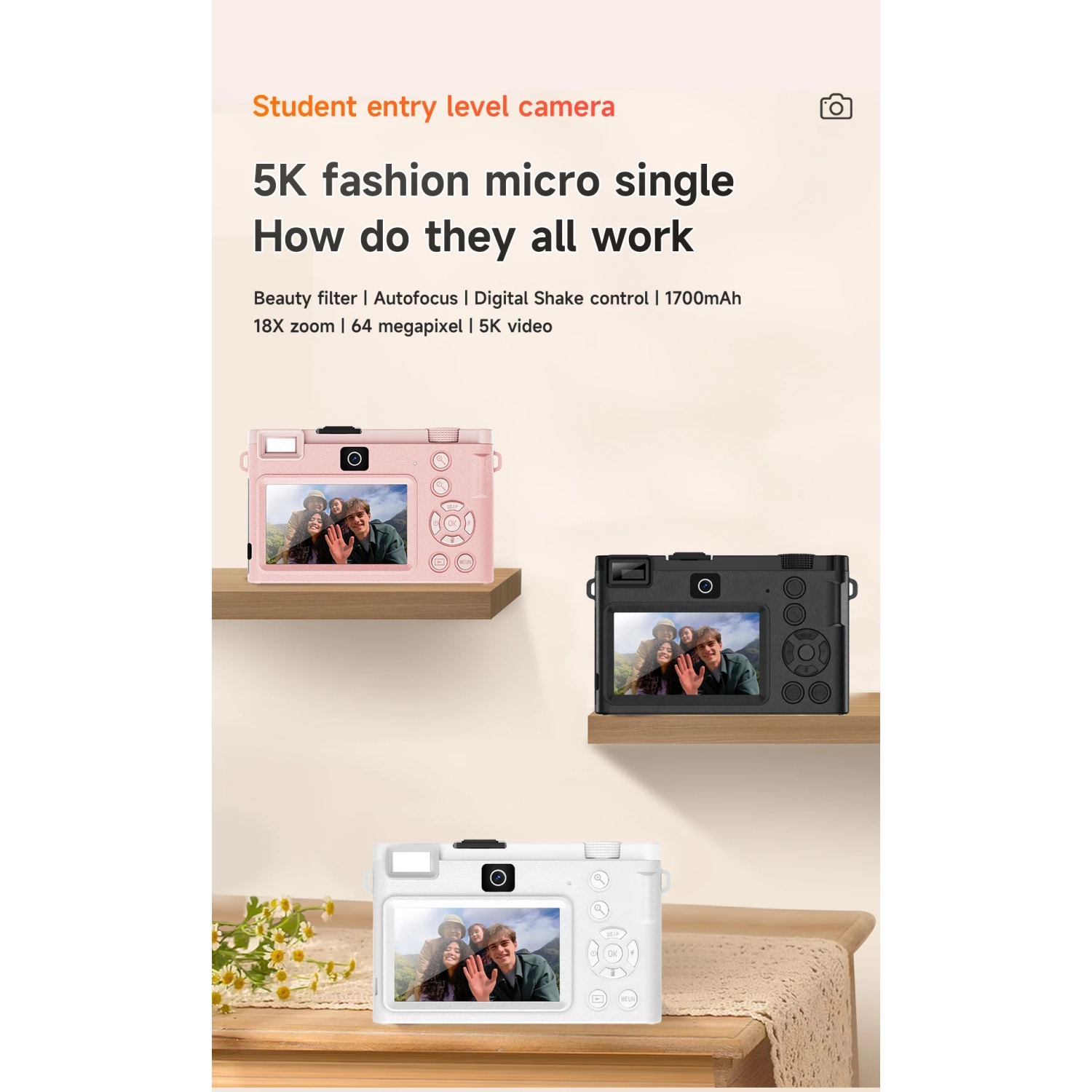 64MP HD Digital Camera Student Shooting Camera with WIFI Wide Angle 64MP Video Camera 3 Inch Screen and Vlog Recorder - White