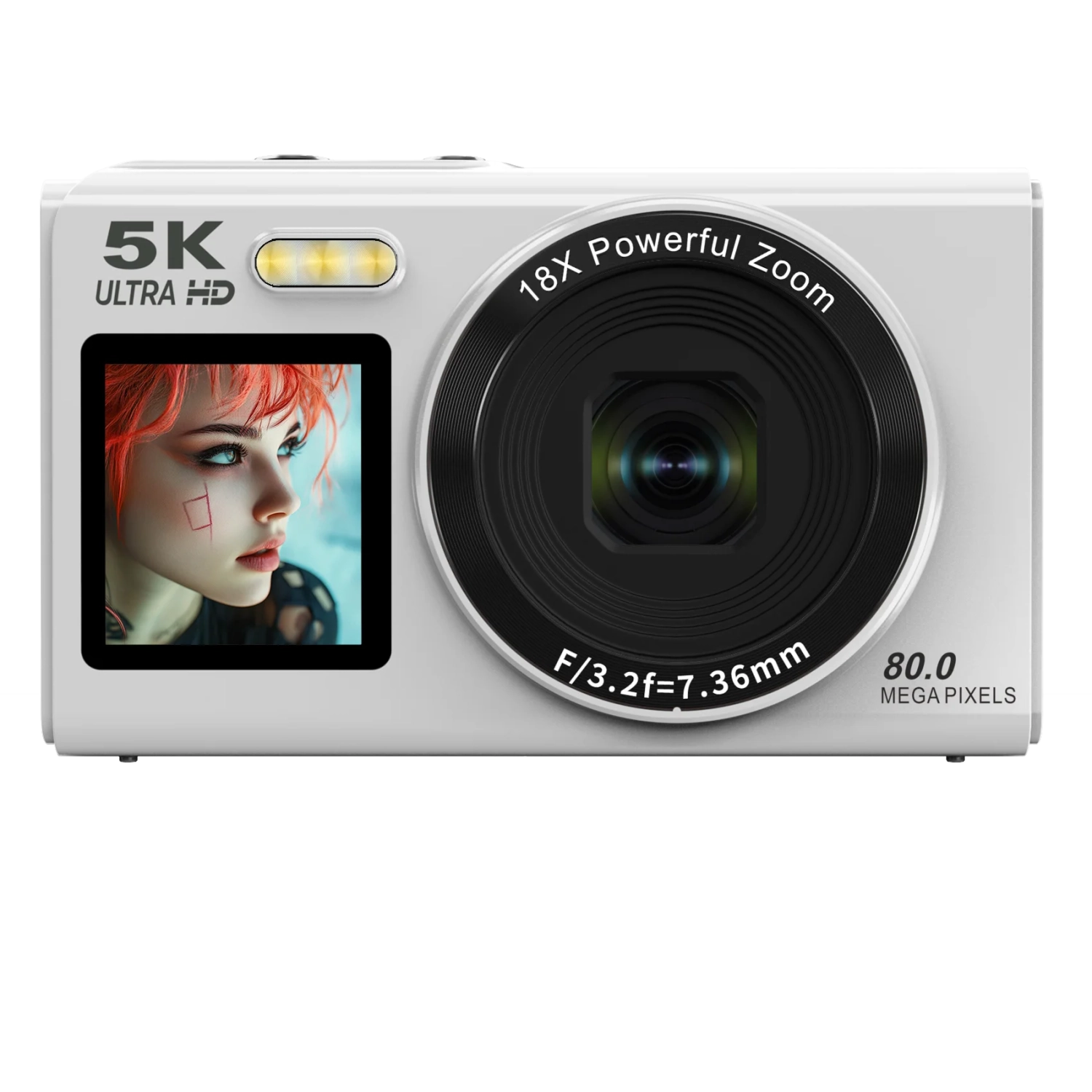 5K Student Camera 8000MP HD Dual Screen Selfie CCD Small Digital Camera WiFi Small Auto Focus for Vlog Live Broadcast - White Without Memory Card