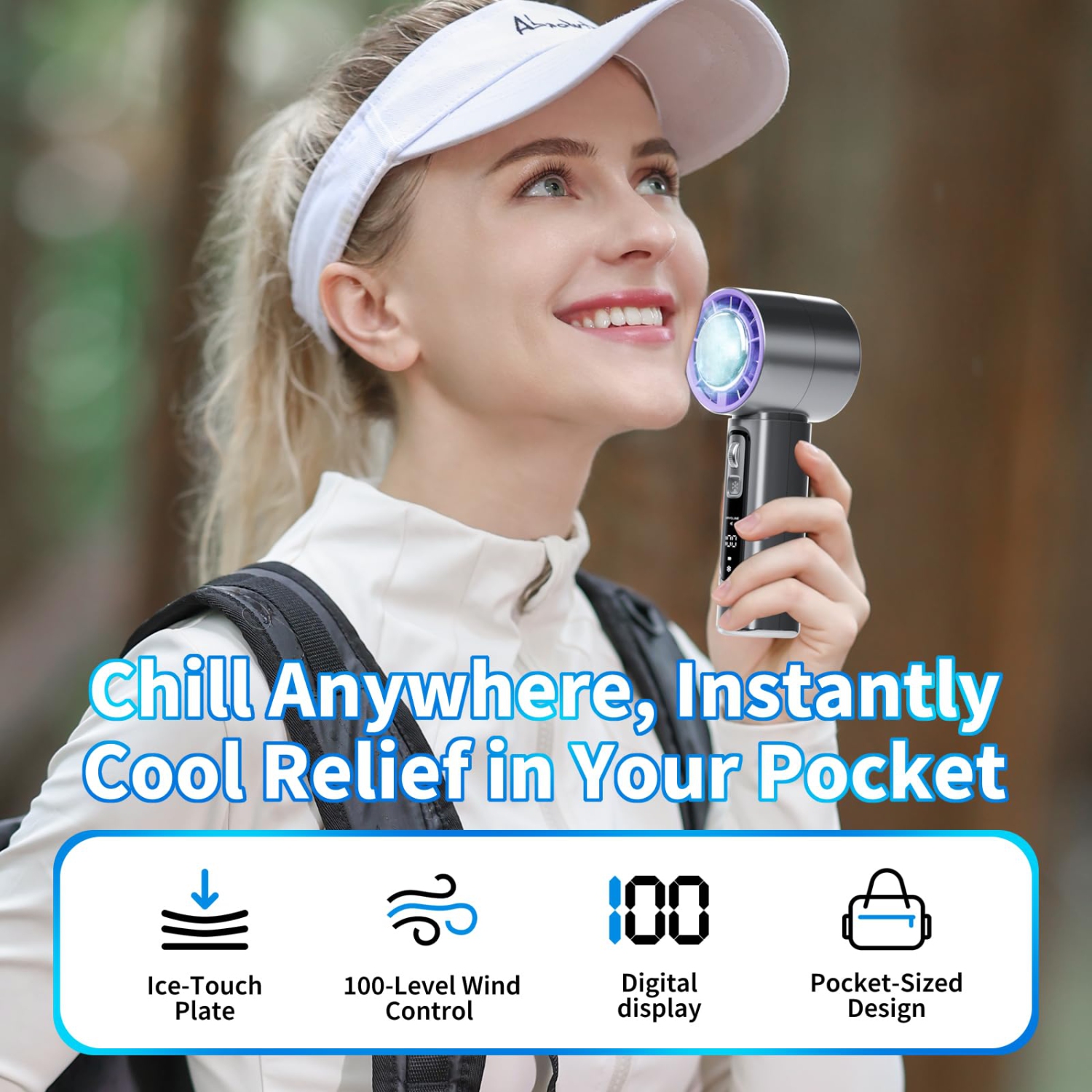 Ventilateur portatif avec plaque de refroidissement, mini ventilateur personnel, batterie 4000 mAh, écran LCD pour les voyages, bureau,