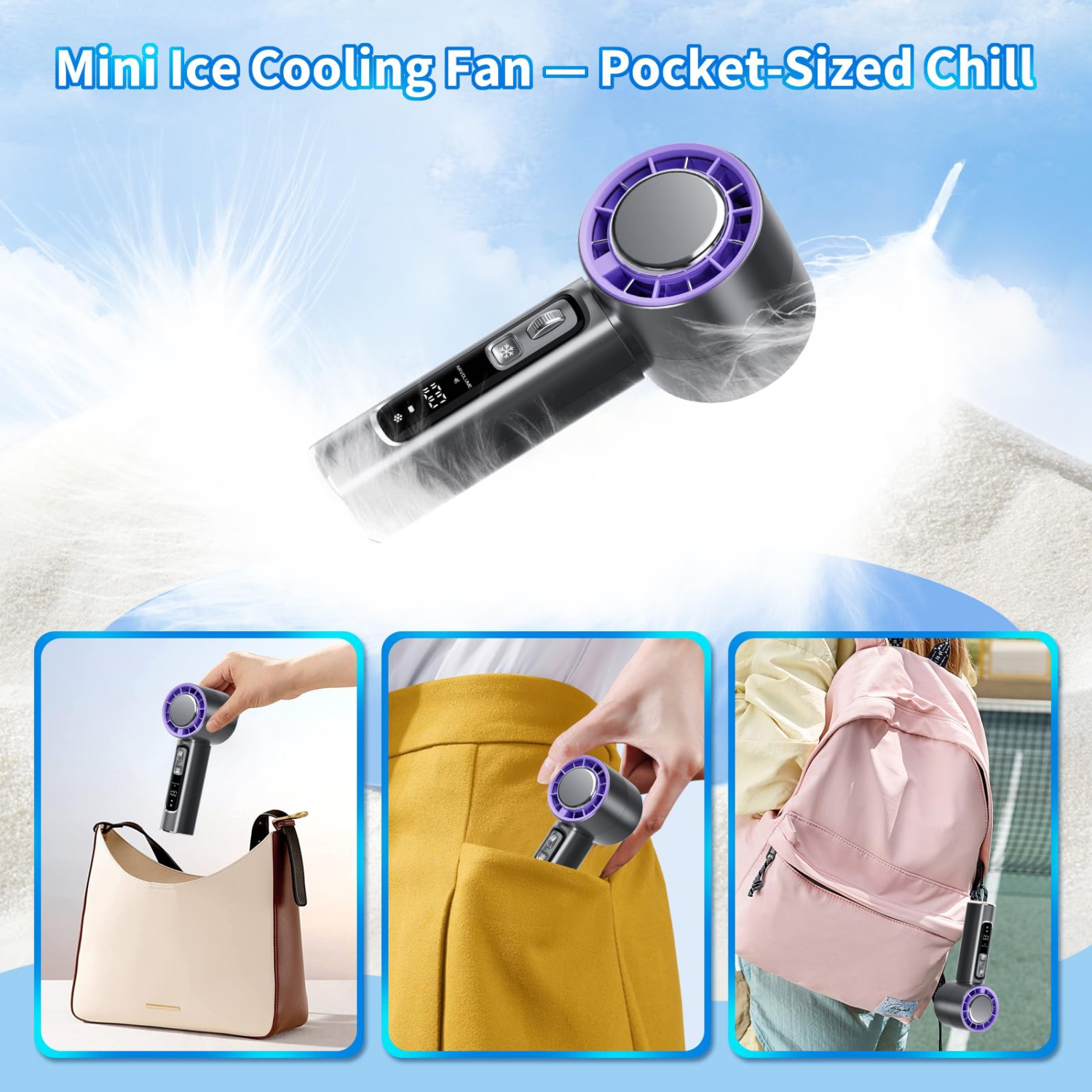 Ventilateur portatif avec plaque de refroidissement, mini ventilateur personnel, batterie 4000 mAh, écran LCD pour les voyages, bureau,