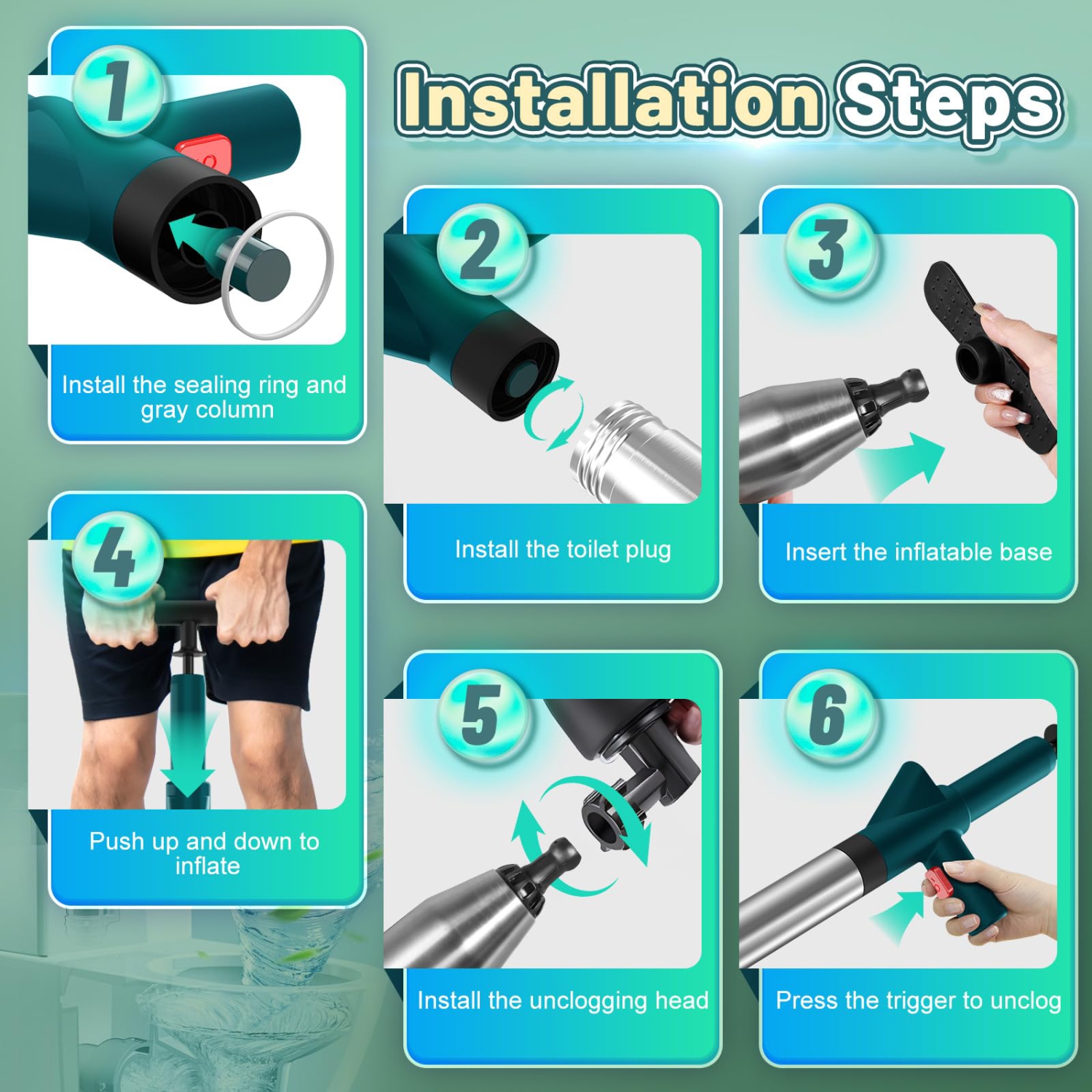 Déchiqueteur de toilette haute pression, nettoyant de tuyau d'évacuation multifonction avec 4 têtes de rechange et un repose-pieds pour évier et