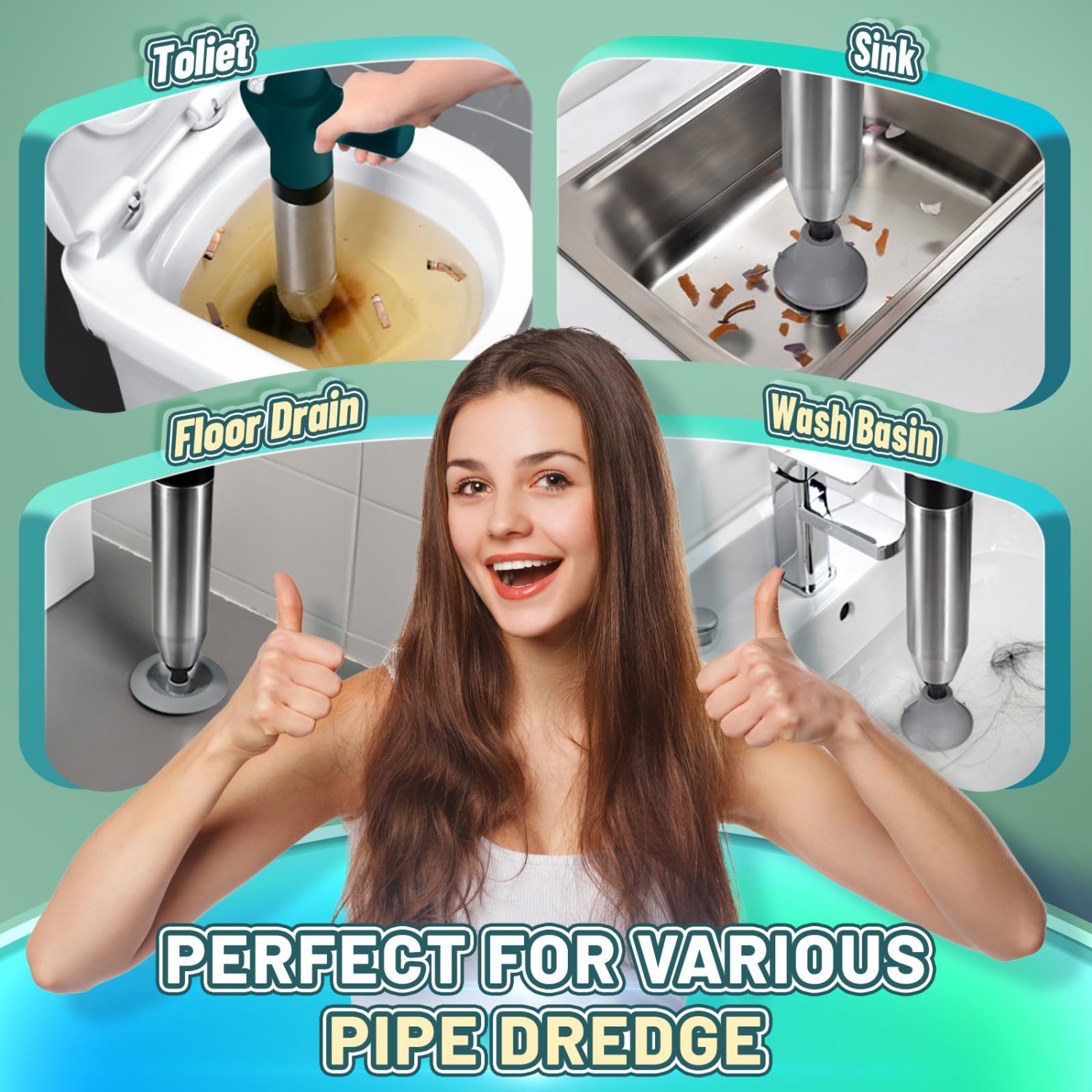 Déchiqueteur de toilette haute pression, nettoyant de tuyau d'évacuation multifonction avec 4 têtes de rechange et un repose-pieds pour évier et