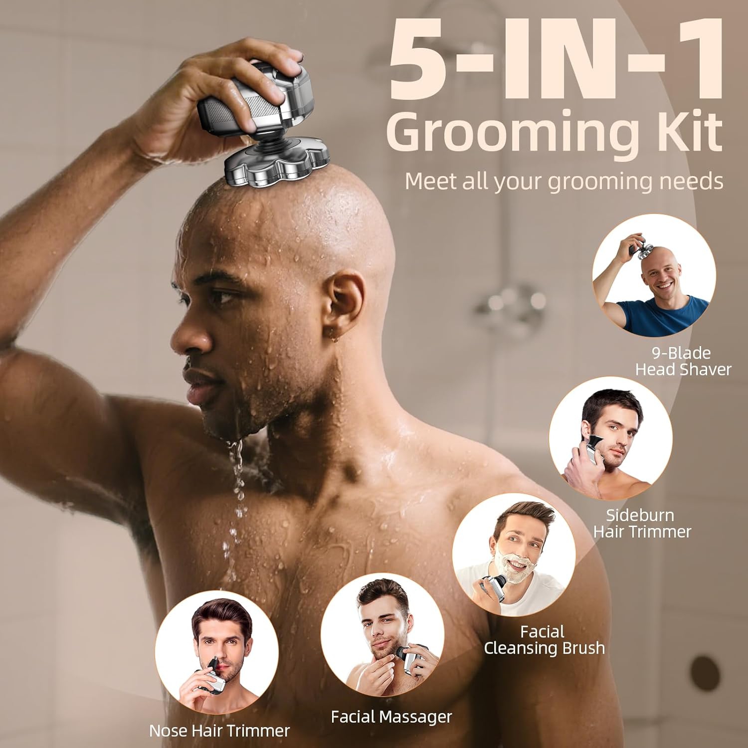 9 Head Shavers for Men,5 in 1 Detachable Head Shaver with LED Display,IPX7 Waterproof Wet Dry Use Rechargeable Electric Shavers for Men Grooming Kit