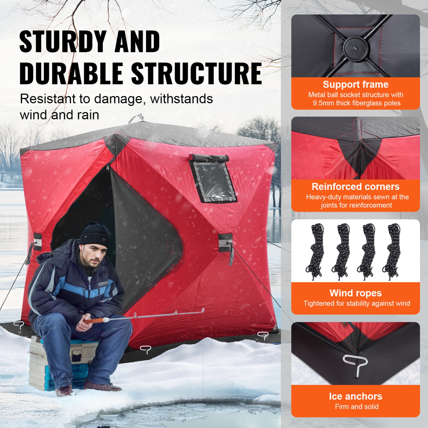 VEVOR 60"x60" Portable Ice Shelter, 1-2 Person Insulated Pop-Up Ice Fishing Tent, 24 Square Feet Fishable Area, Thermal Ice Shanty for Winter