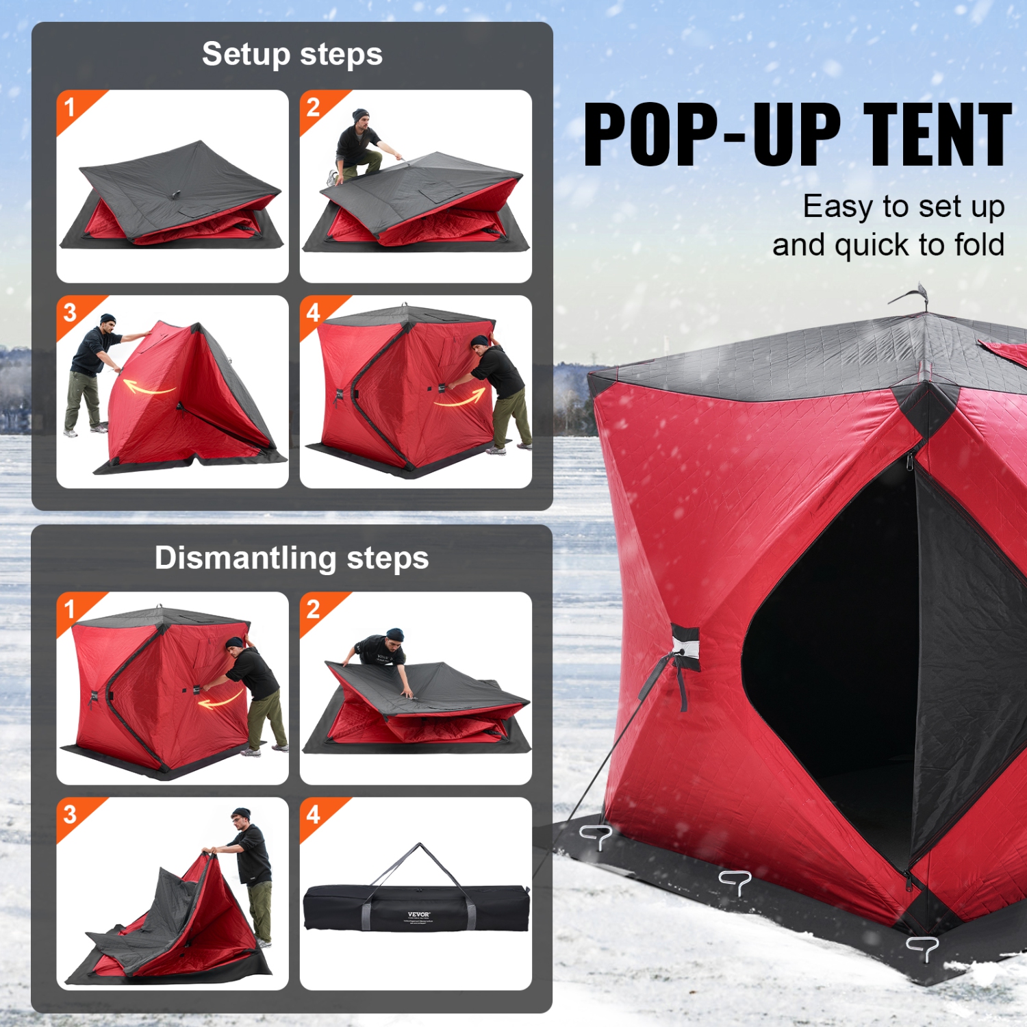 VEVOR 60"x60" Portable Ice Shelter, 1-2 Person Insulated Pop-Up Ice Fishing Tent, 24 Square Feet Fishable Area, Thermal Ice Shanty for Winter