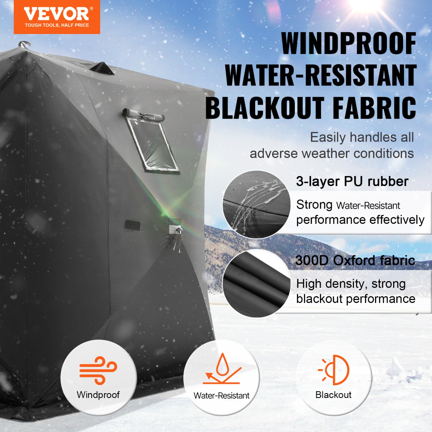 VEVOR 71"x71" Portable Ice Shelter, 3-4 Person Pop-Up Ice Fishing Tent, 35 Square Feet Fishable Area, Ice Shanty for Winter Fishing, Waterproof
