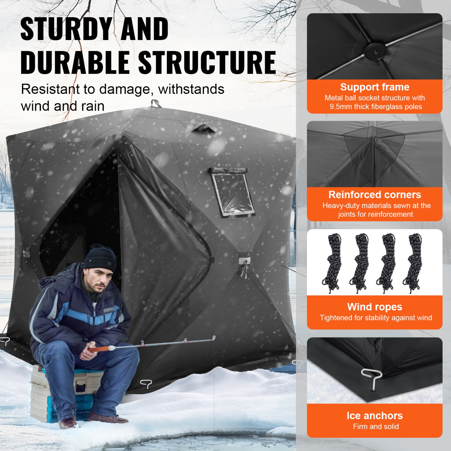 VEVOR 71"x71" Portable Ice Shelter, 3-4 Person Pop-Up Ice Fishing Tent, 35 Square Feet Fishable Area, Ice Shanty for Winter Fishing, Waterproof
