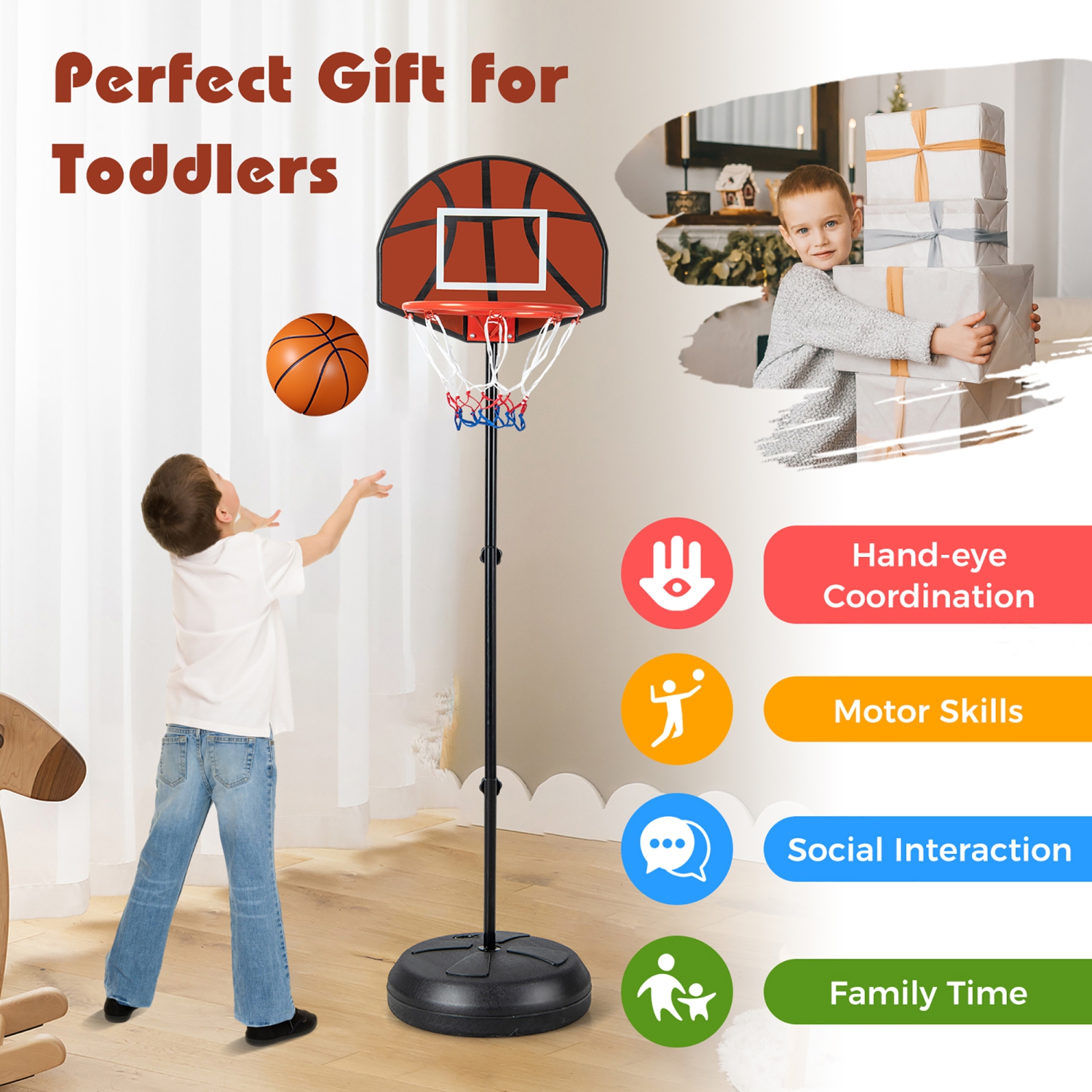 Gymax 2-in-1 Kids Basketball Hoop w/ Dart Board Double-sided Backboard & 6 Darts