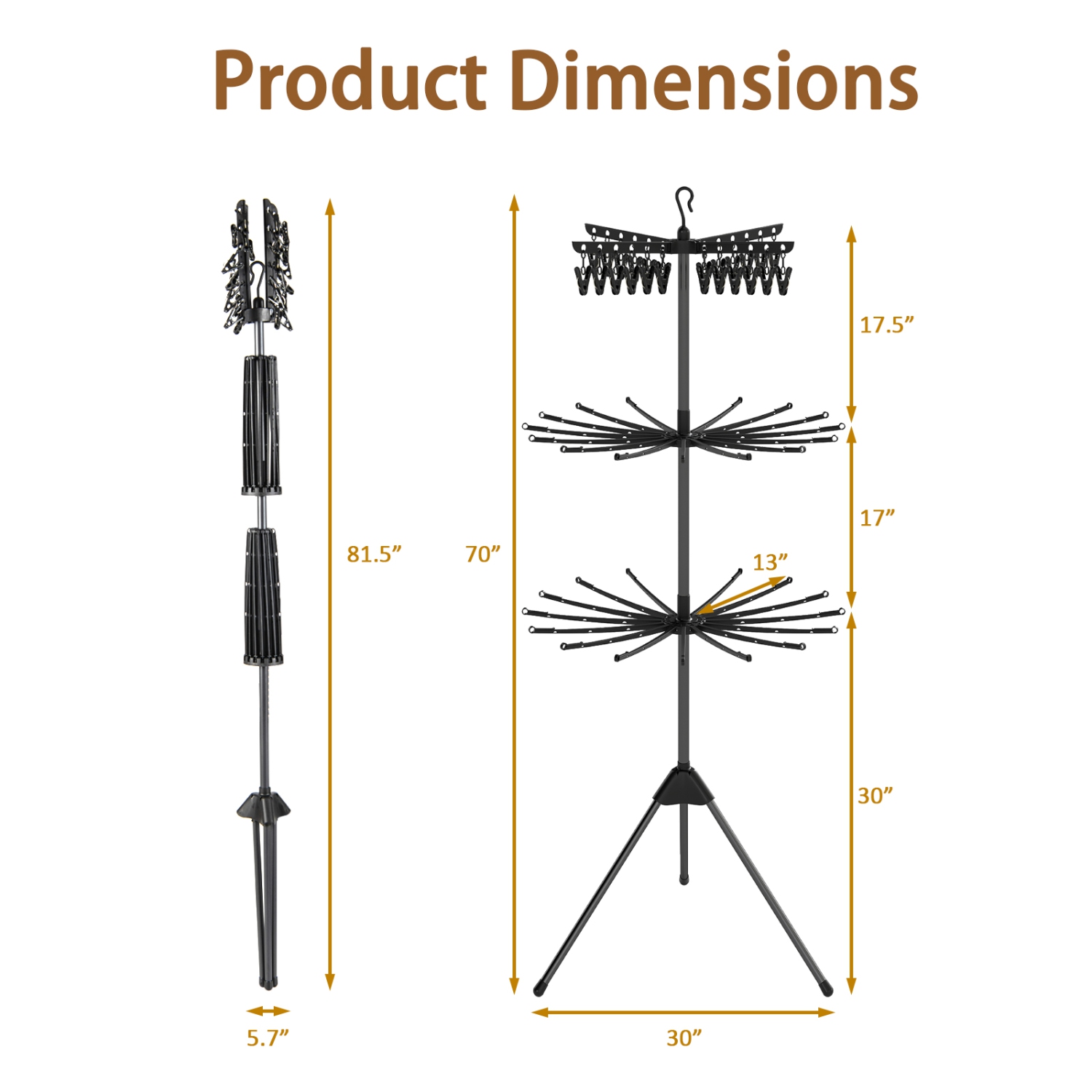 Gymax 70'' Folding Freestanding Tripod Laundry Drying Rack w/ 24 Clips & 32 Rods