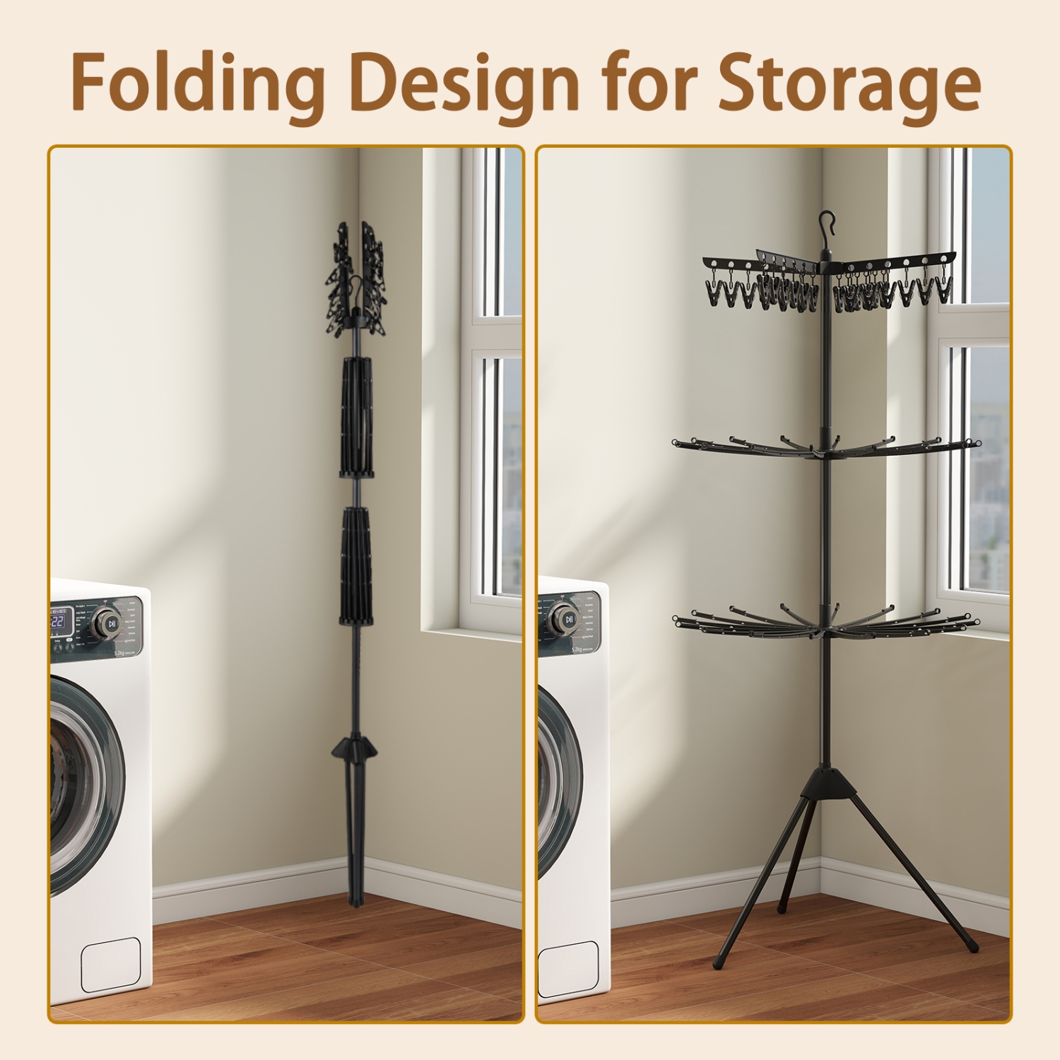 Gymax 70'' Folding Freestanding Tripod Laundry Drying Rack w/ 24 Clips & 32 Rods