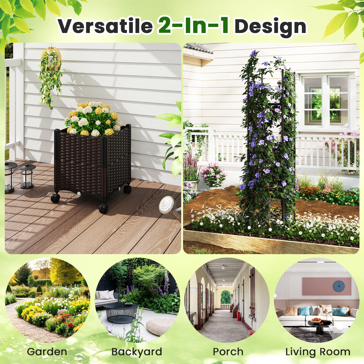 Gymax 87'' Tall Raised Garden Bed w/ Plant Box & Trellis Lockable Wheels Indoor Outdoor