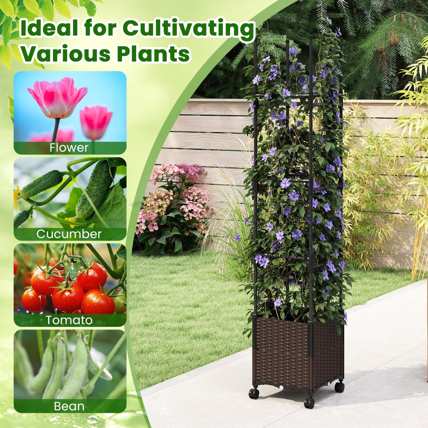 Gymax 87'' Tall Raised Garden Bed w/ Plant Box & Trellis Lockable Wheels Indoor Outdoor