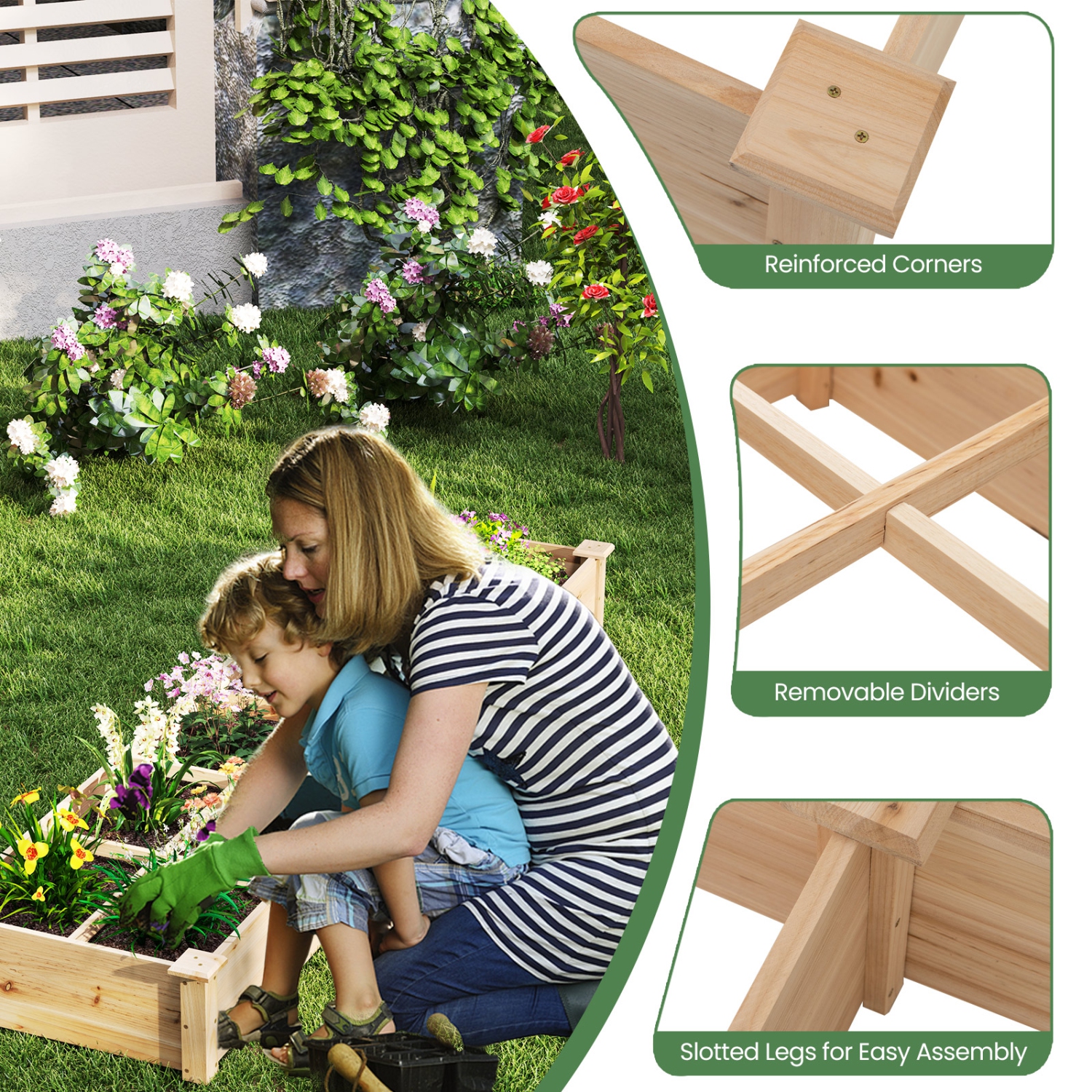 Gymax Raised Garden Bed Wooden Elevated Planter w/2 Planter Boxes 7 Compartments