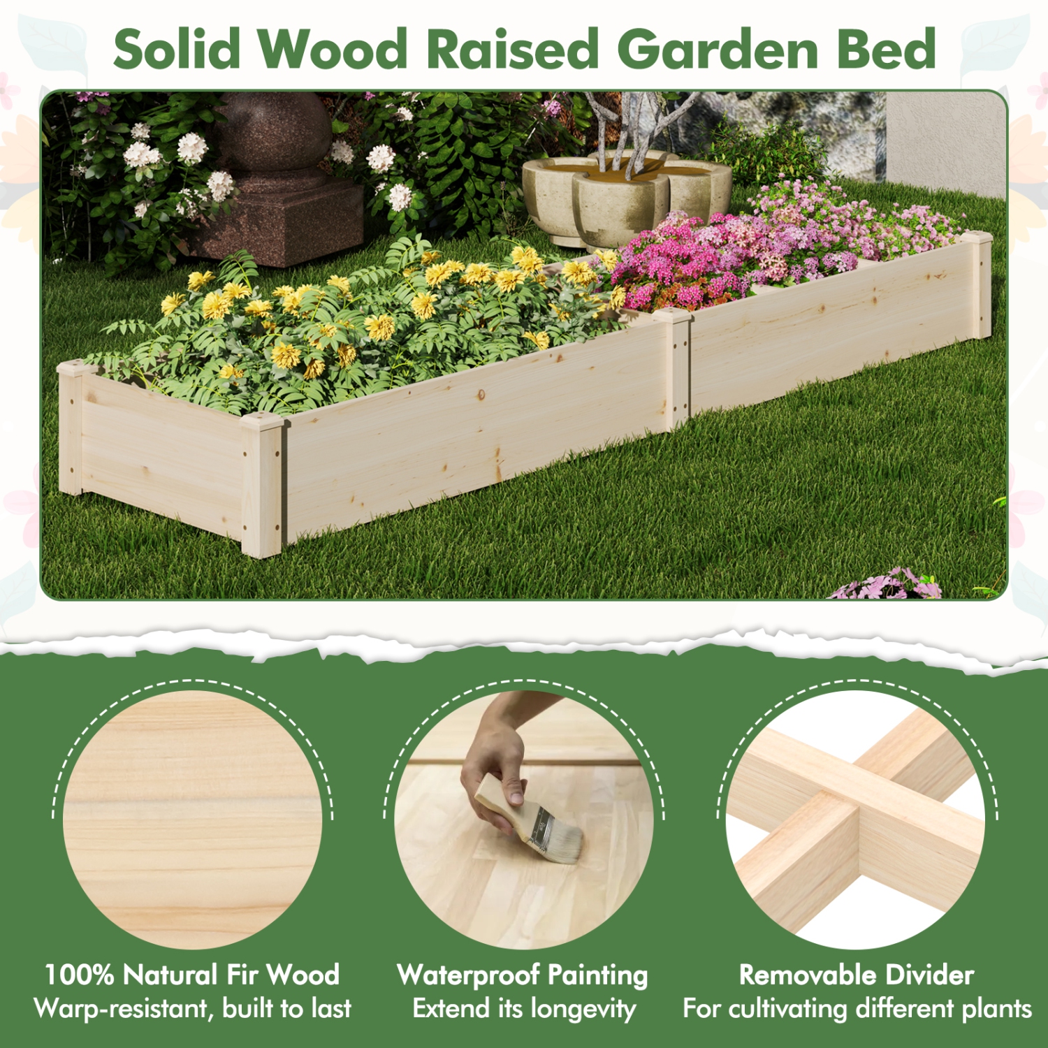 Gymax Wooden Raised Garden Bed w/ 2 Planter Boxes Divider Open-Ended Base for Flower