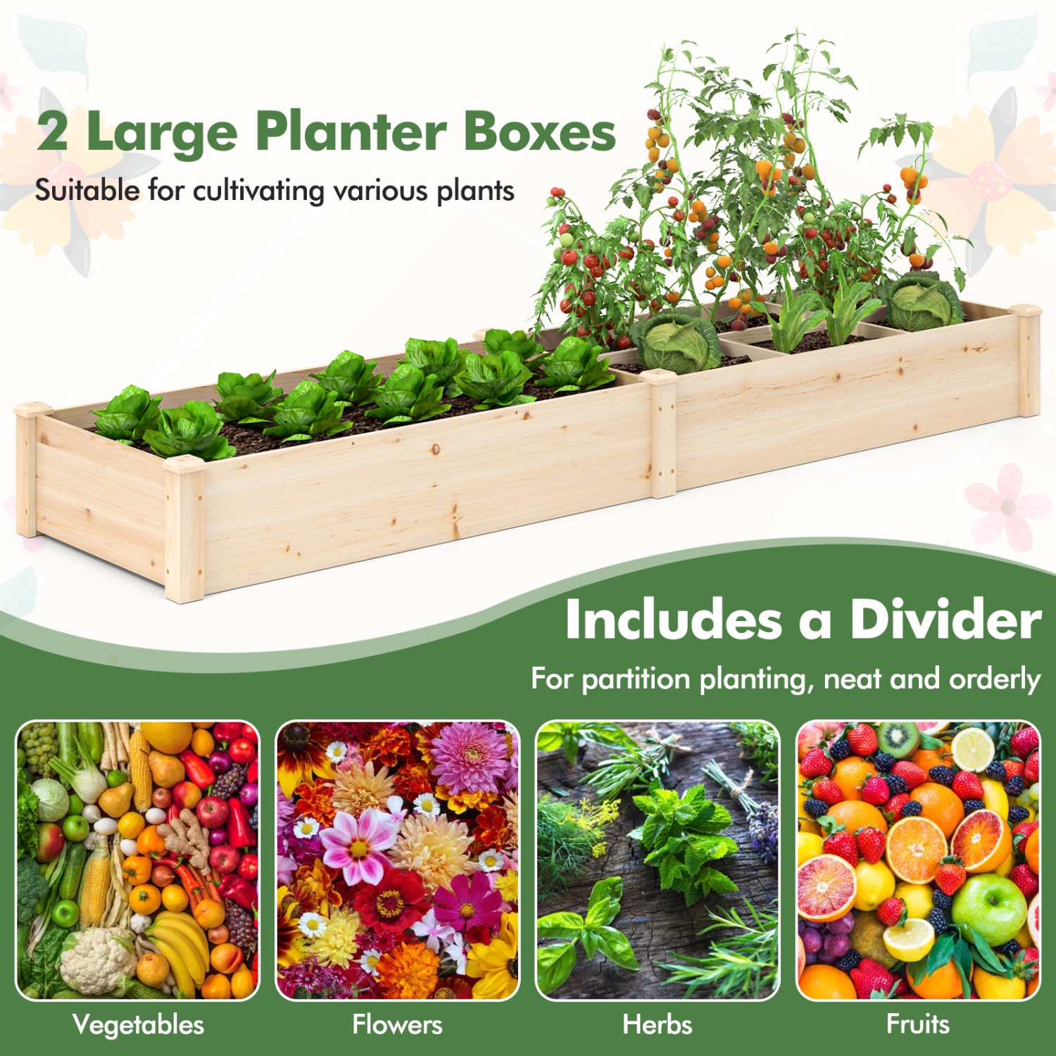 Gymax Wooden Raised Garden Bed w/ 2 Planter Boxes Divider Open-Ended Base for Flower