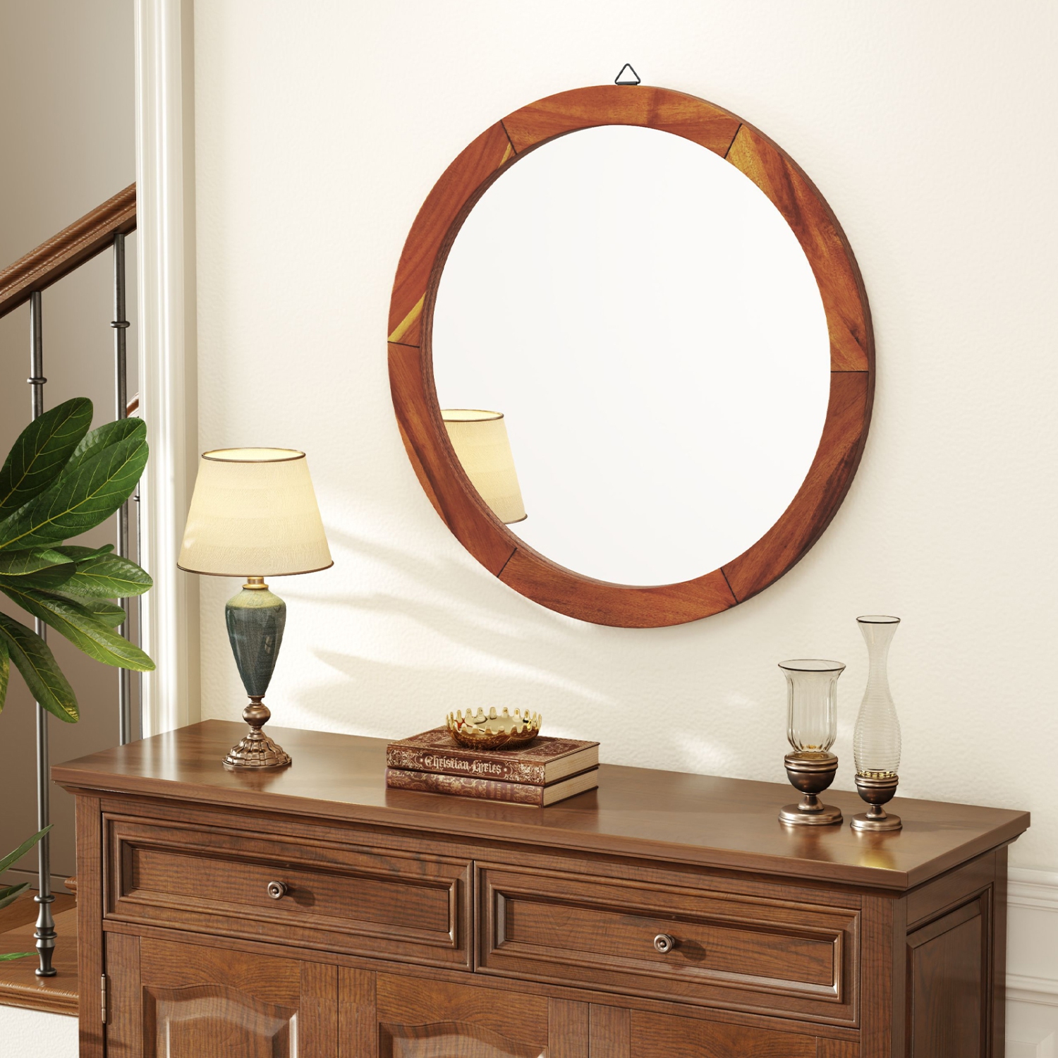 Gymax 27'' x 27'' Rustic Wall Mounted Decorative Mirror w/Solid Acacia Wood Frame