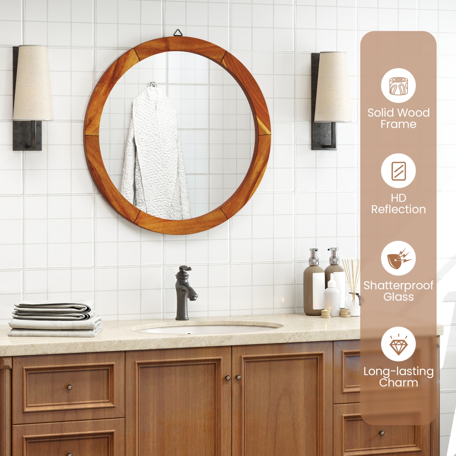 Gymax 27'' x 27'' Rustic Wall Mounted Decorative Mirror w/Solid Acacia Wood Frame