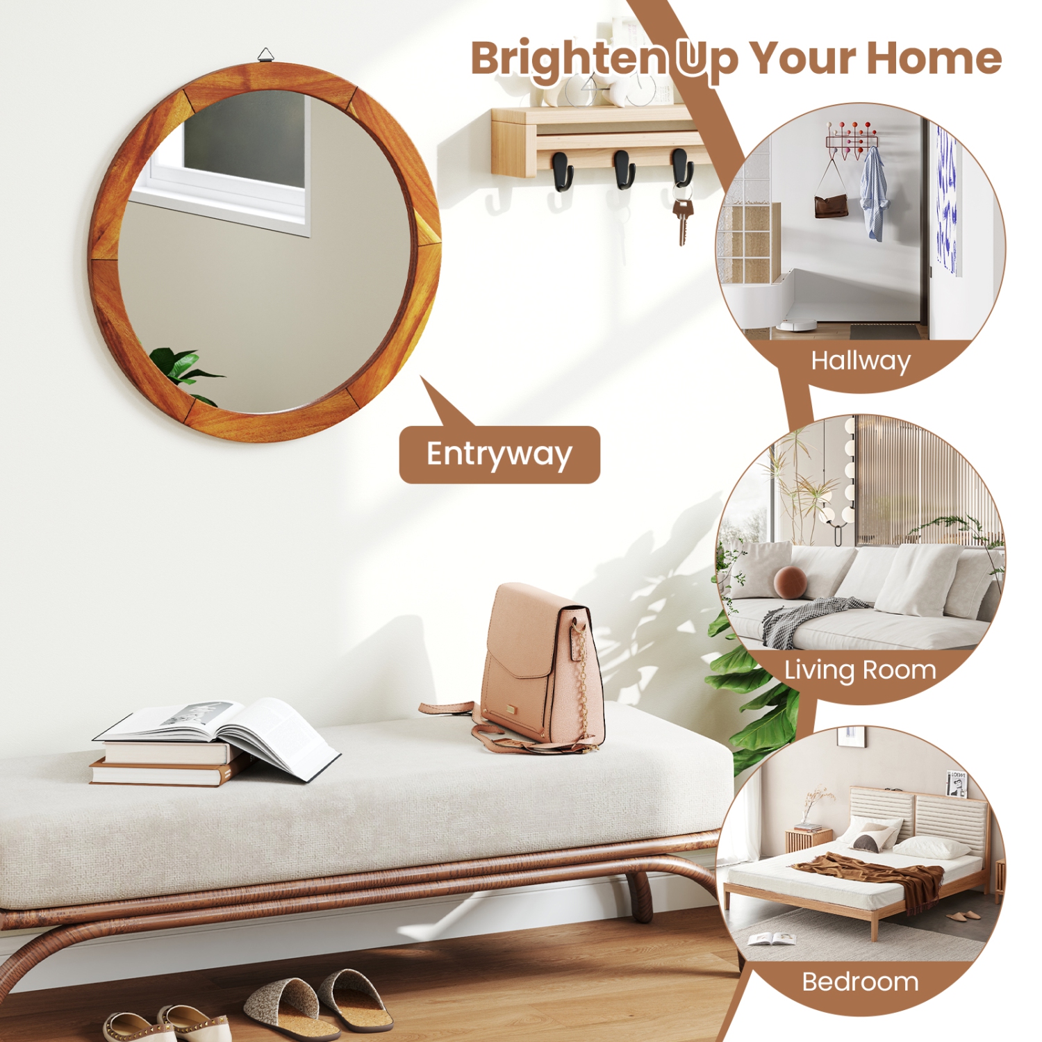 Gymax 27'' x 27'' Rustic Wall Mounted Decorative Mirror w/Solid Acacia Wood Frame